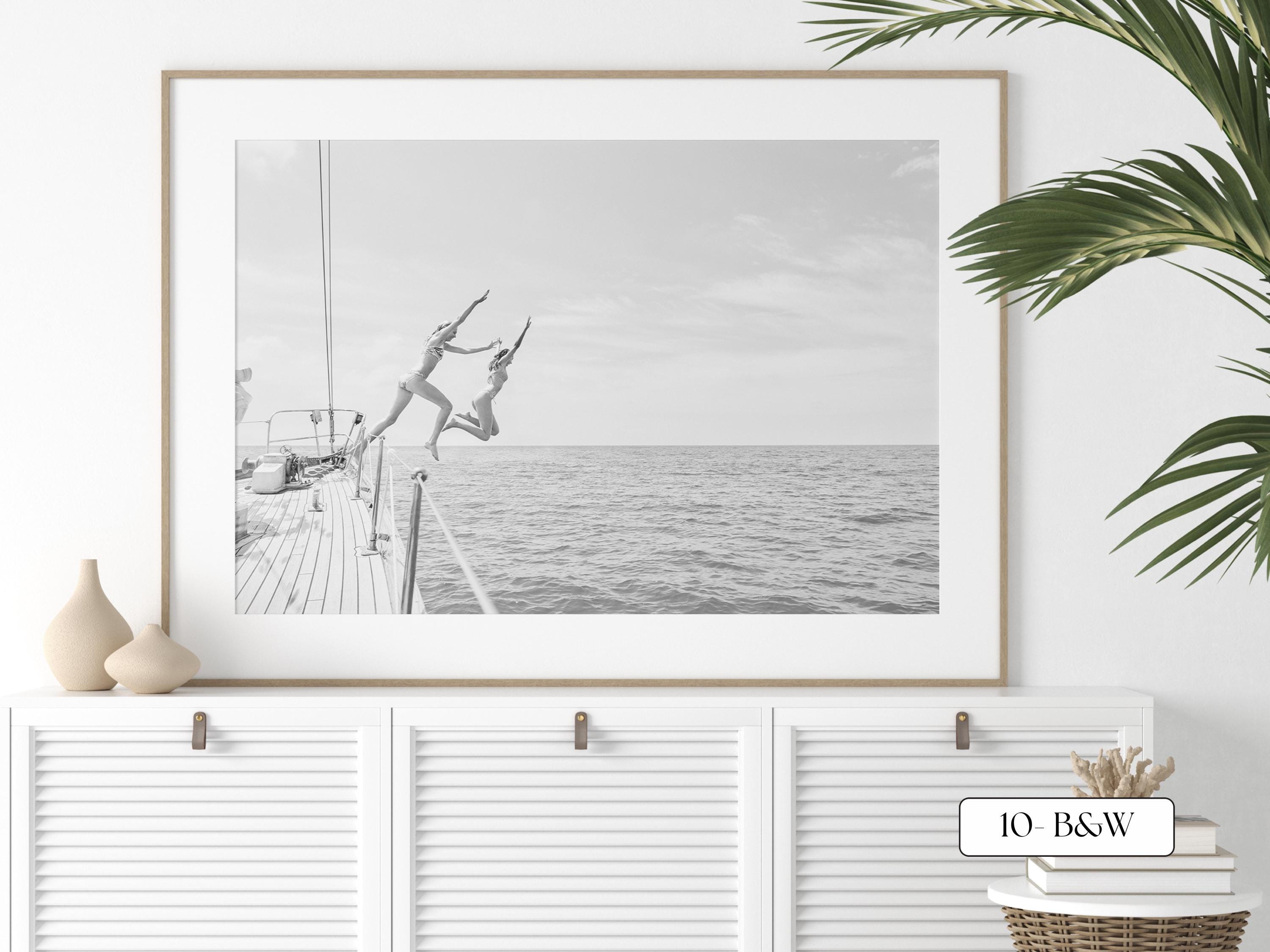 Black and White Coastal Print FRAMED or UNFRAMED, B&W Beach Wall Art, Boho Coastal Photography, Summer Ocean Poster, Girls Jumping Print