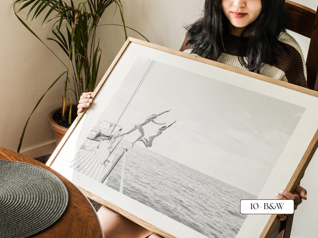 Black and White Coastal Print FRAMED or UNFRAMED, B&W Beach Wall Art, Boho Coastal Photography, Summer Ocean Poster, Girls Jumping Print