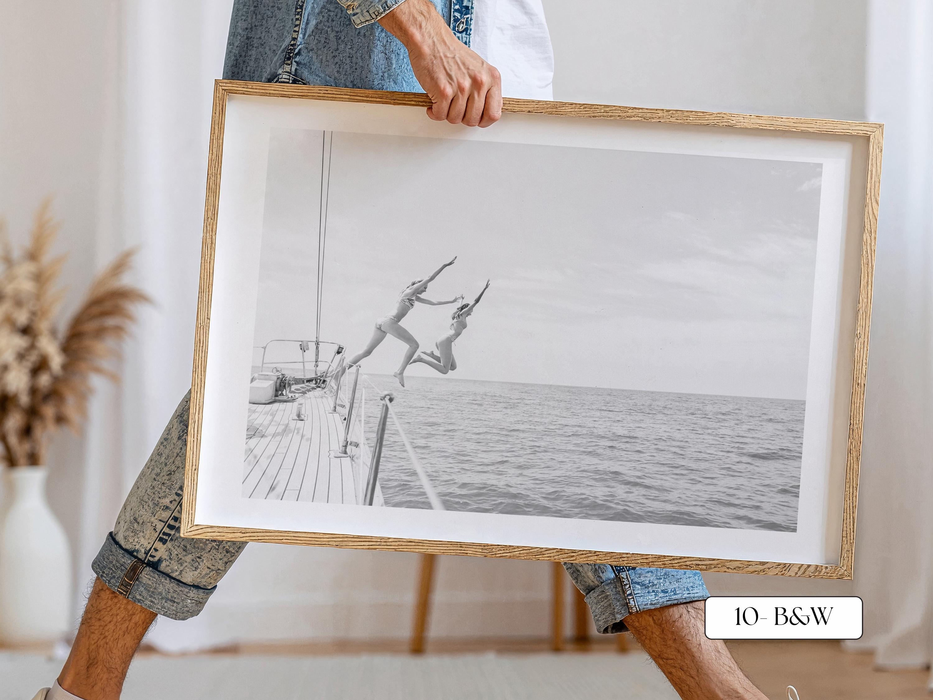 Black and White Coastal Print FRAMED or UNFRAMED, B&W Beach Wall Art, Boho Coastal Photography, Summer Ocean Poster, Girls Jumping Print