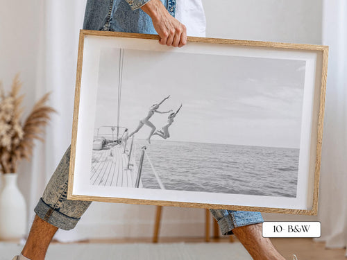 Black and White Coastal Print FRAMED or UNFRAMED, B&W Beach Wall Art, Boho Coastal Photography, Summer Ocean Poster, Girls Jumping Print