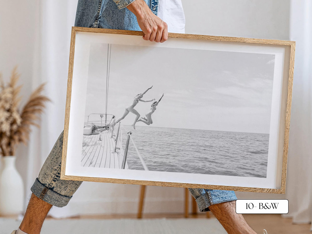 Black and White Coastal Print FRAMED or UNFRAMED, B&W Beach Wall Art, Boho Coastal Photography, Summer Ocean Poster, Girls Jumping Print