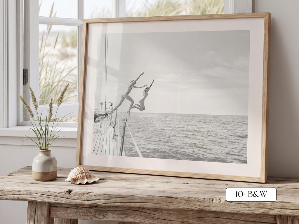 Black and White Coastal Print FRAMED or UNFRAMED, B&W Beach Wall Art, Boho Coastal Photography, Summer Ocean Poster, Girls Jumping Print