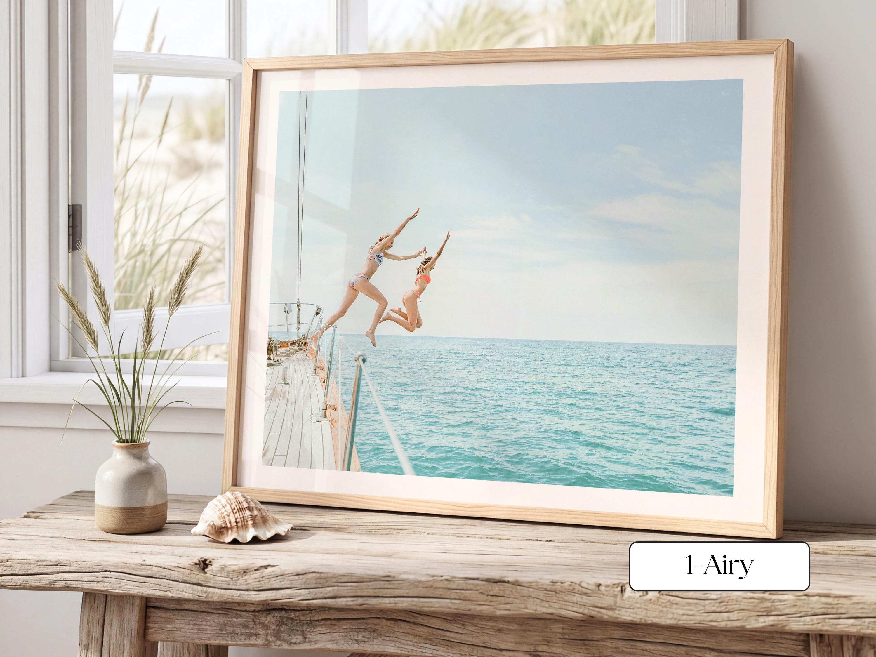 Coastal Print FRAMED or UNFRAMED, Pastel Beach Wall Art, Boho Coastal Photography, Summer Ocean Poster, Girls Jumping Print
