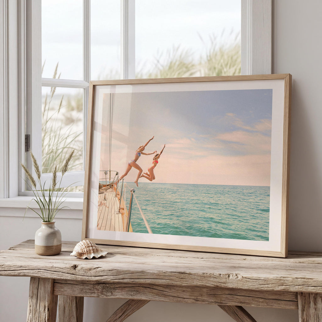 Coastal Print Digital Download, Colorful Beach Wall Art, Boho Coastal Photography, Summer Ocean Poster, Girls Jumping Print