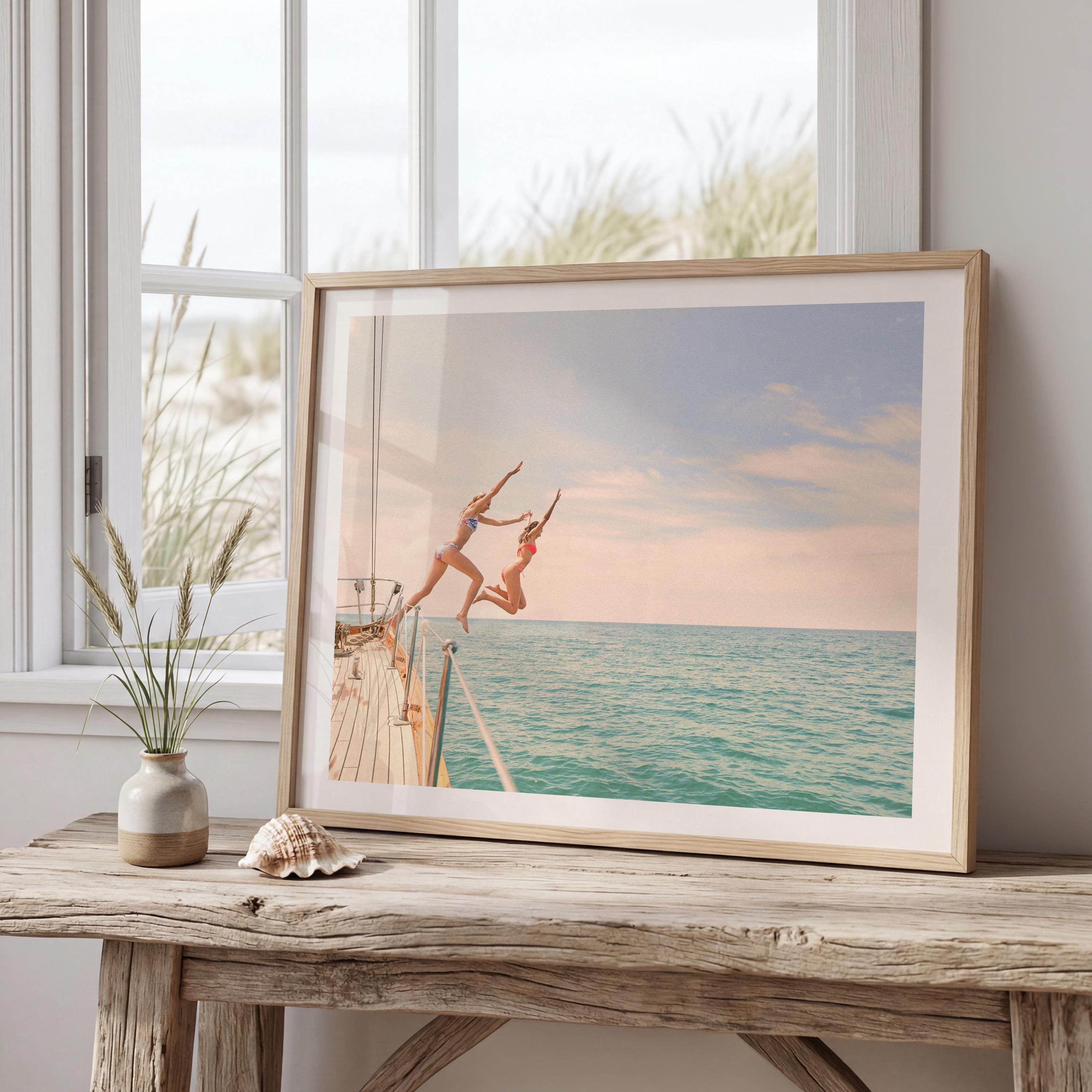 Coastal Print Digital Download, Colorful Beach Wall Art, Boho Coastal Photography, Summer Ocean Poster, Girls Jumping Print