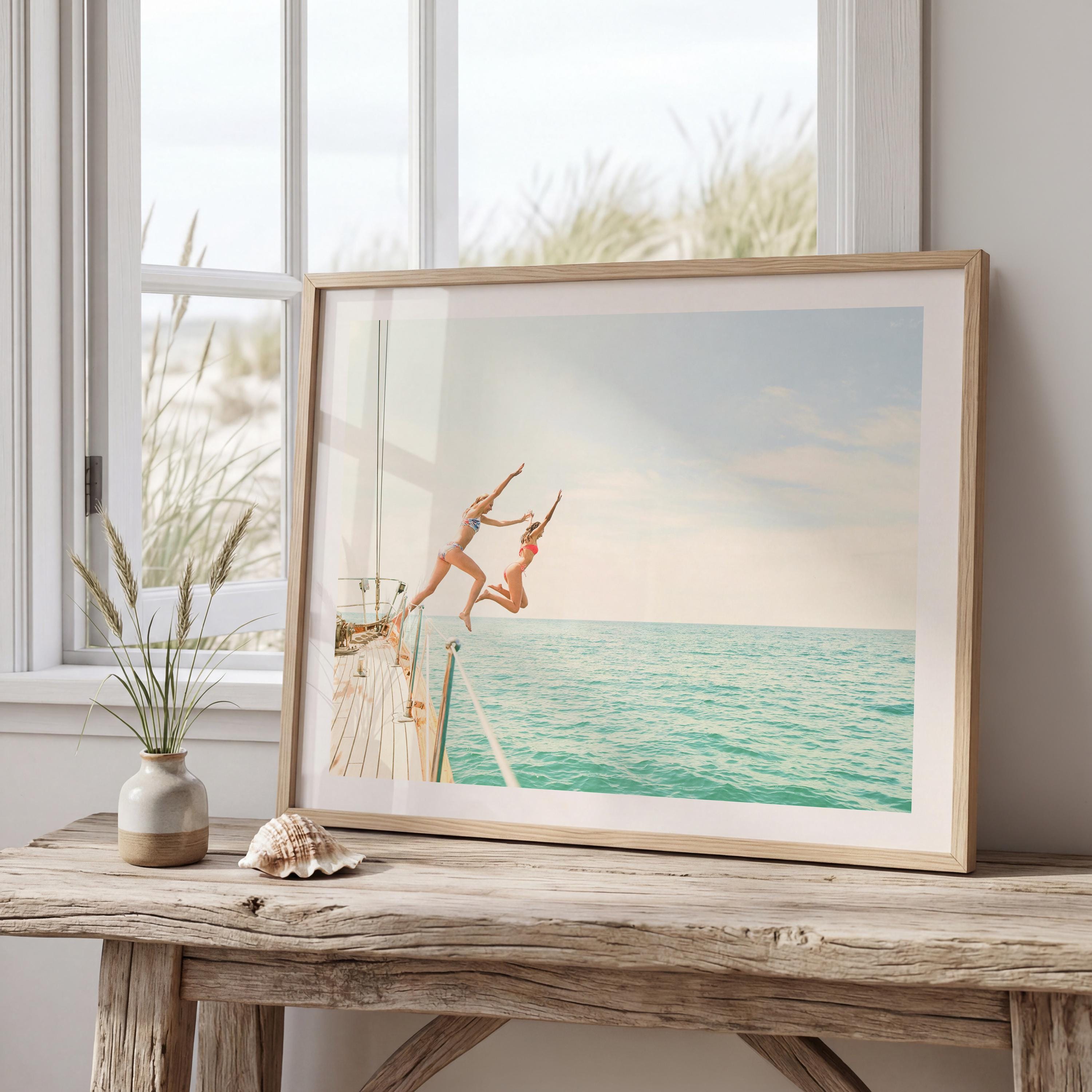 Coastal Print Digital Download, Pastel Beach Wall Art, Boho Coastal Photography, Summer Ocean Poster, Girls Jumping Art, Instant Download