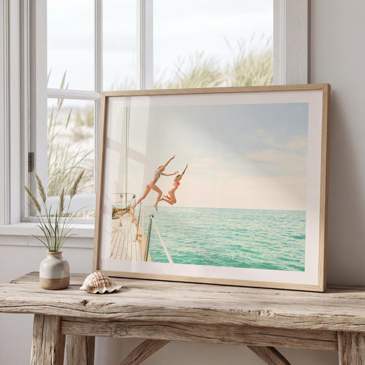 Coastal Print Digital Download, Pastel Beach Wall Art, Boho Coastal Photography, Summer Ocean Poster, Girls Jumping Art, Instant Download