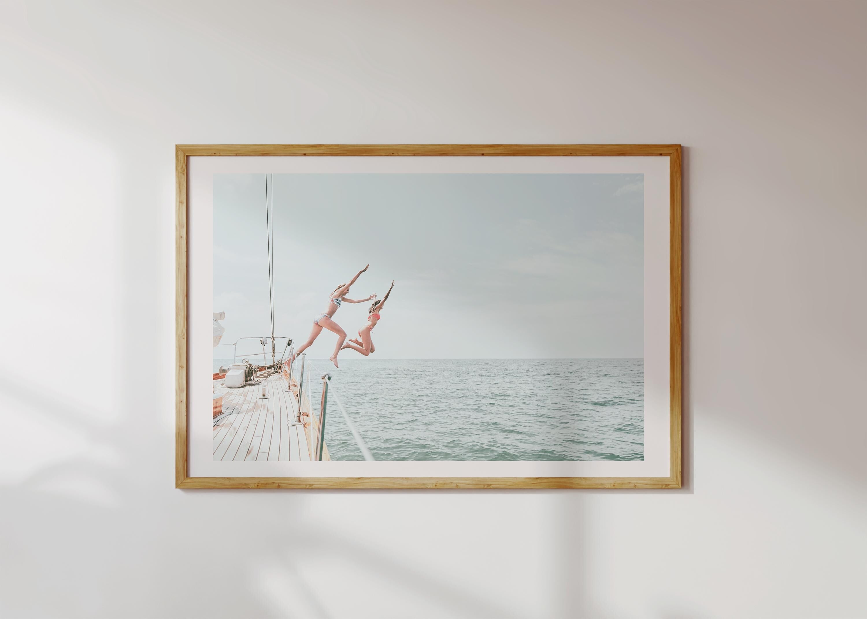 Coastal Print Digital Download, Pastel Beach Wall Art, Boho Coastal Photography, Summer Ocean Poster, Girls Jumping Art, Instant Download