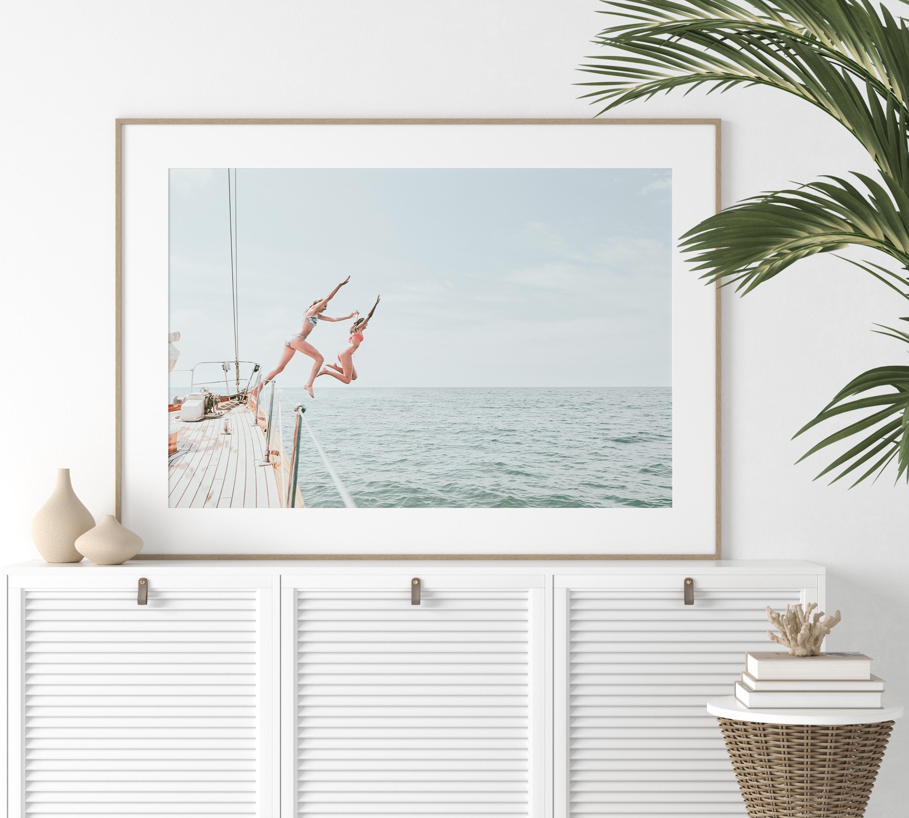 Coastal Print Digital Download, Pastel Beach Wall Art, Boho Coastal Photography, Summer Ocean Poster, Girls Jumping Art, Instant Download