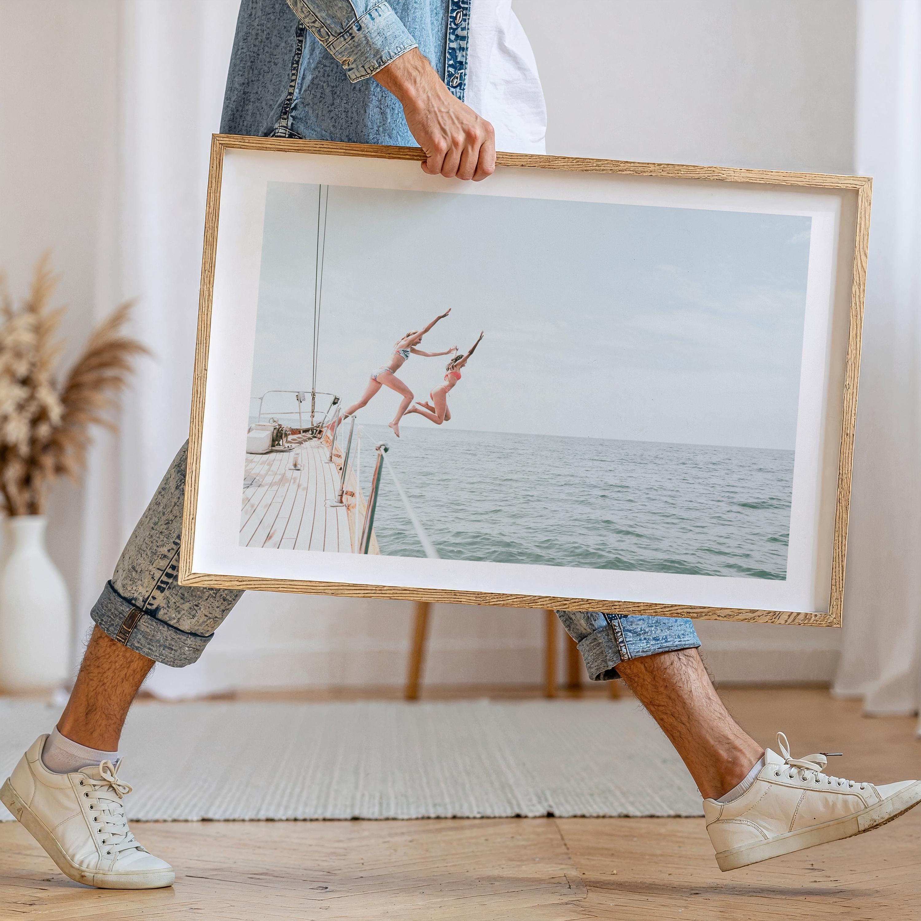 Coastal Print Digital Download, Pastel Beach Wall Art, Boho Coastal Photography, Summer Ocean Poster, Girls Jumping Art, Instant Download