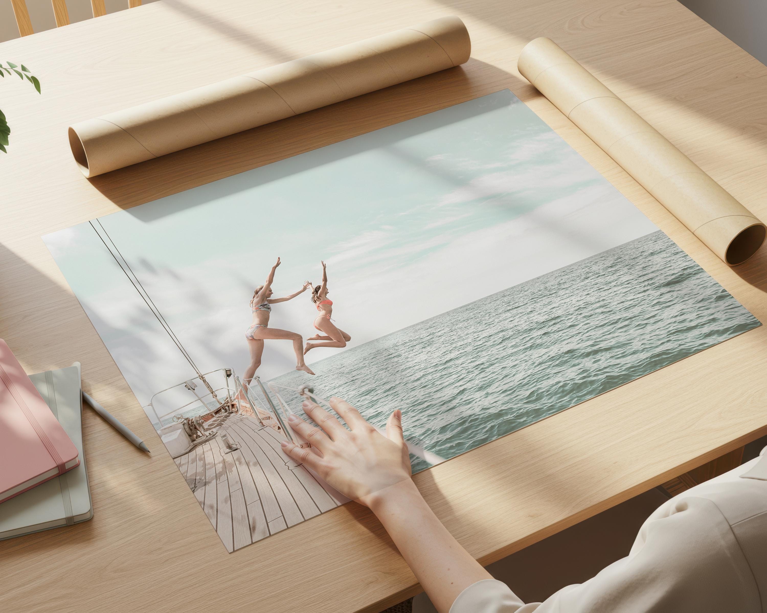 Coastal Print Digital Download, Pastel Beach Wall Art, Boho Coastal Photography, Summer Ocean Poster, Girls Jumping Art, Instant Download