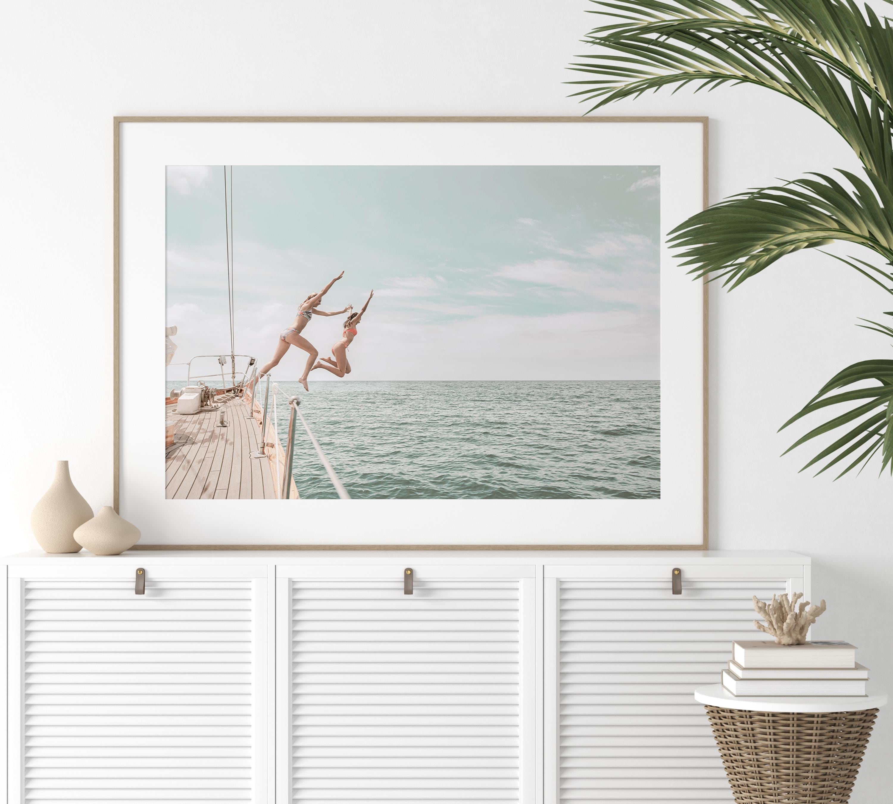 Coastal Print Digital Download, Pastel Beach Wall Art, Boho Coastal Photography, Summer Ocean Poster, Girls Jumping Art, Instant Download