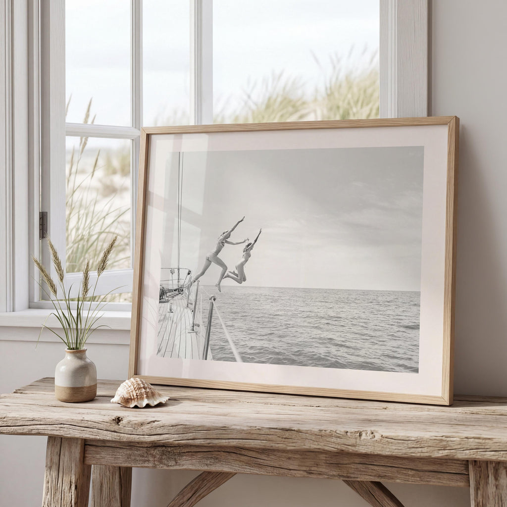 Coastal Print Digital Download, Black and White Beach Wall Art, Coastal Photography, B&W Ocean Poster, Girls Jumping Art, Instant Download
