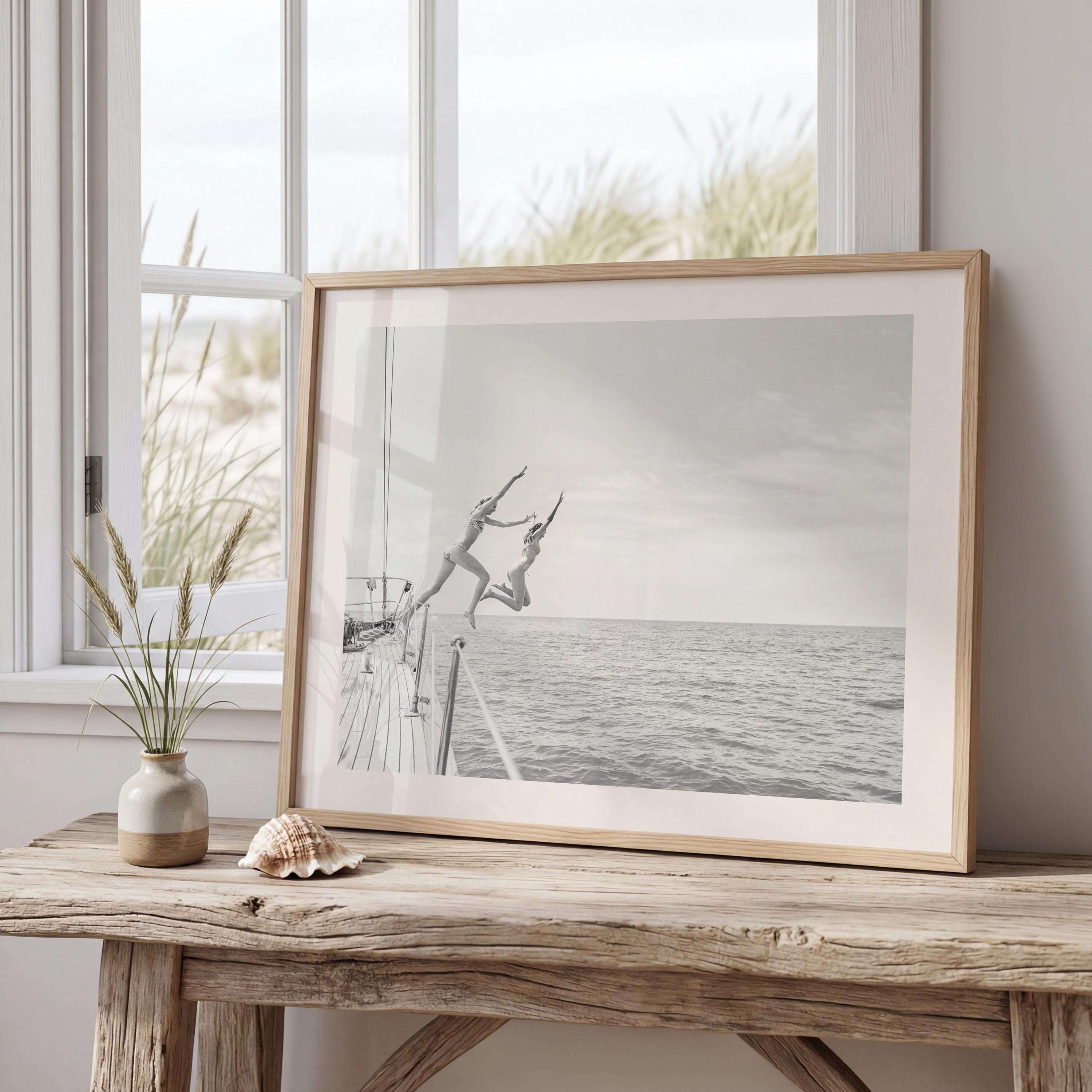 Coastal Print Digital Download, Black and White Beach Wall Art, Coastal Photography, B&W Ocean Poster, Girls Jumping Art, Instant Download
