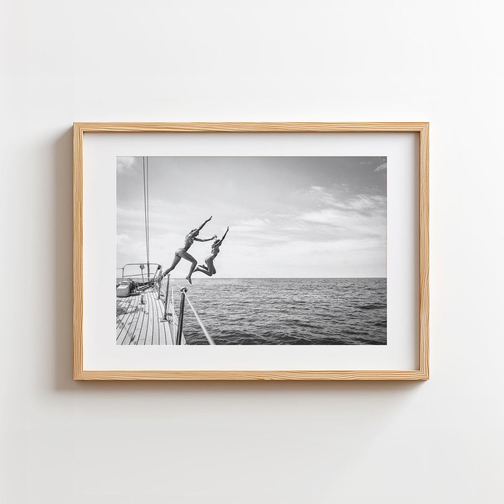 BW Coastal Print Digital Download, Pastel Beach Wall Art, Boho Coastal Photography, Summer Ocean Poster, Girls Jumping Art, Instant Download