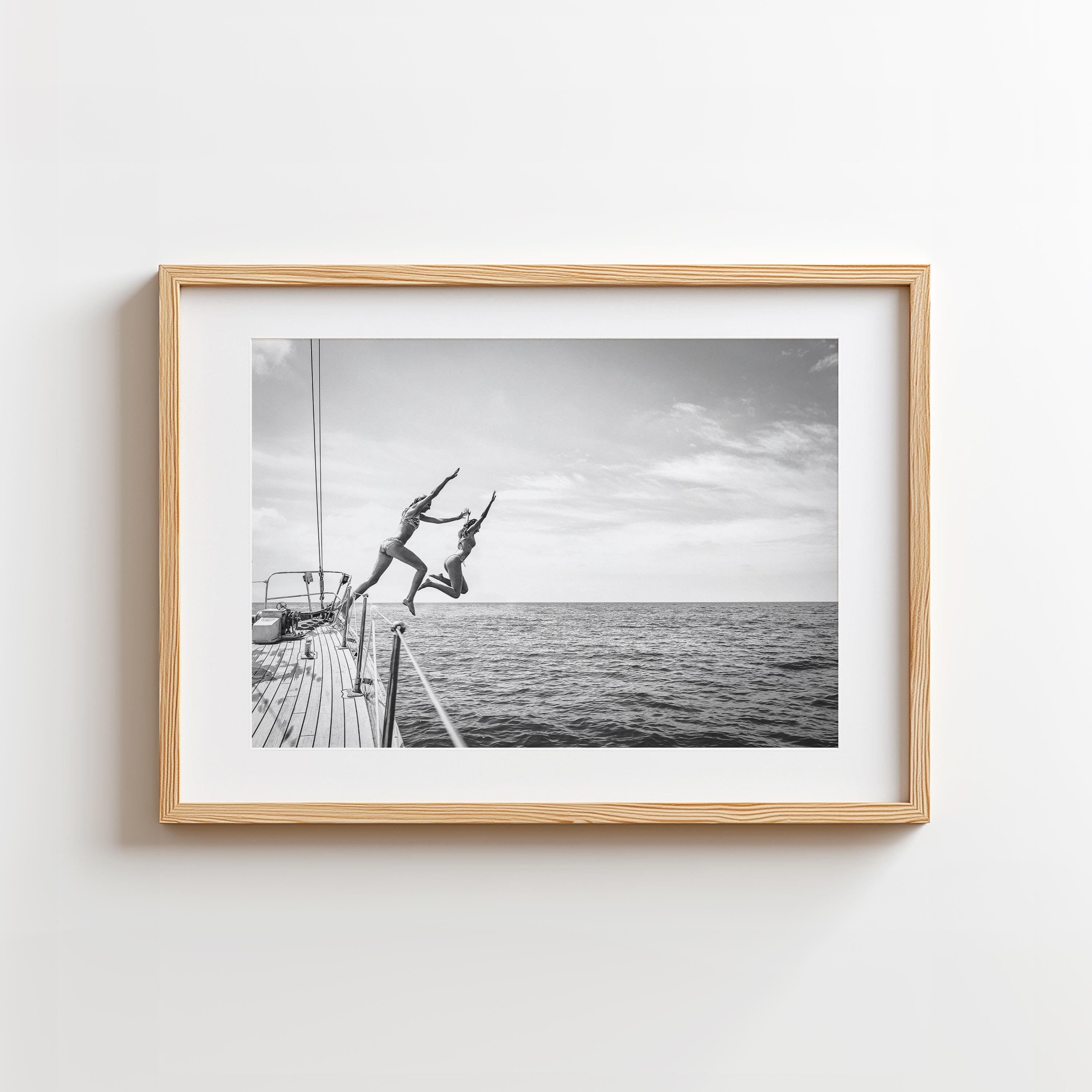 BW Coastal Print Digital Download, Pastel Beach Wall Art, Boho Coastal Photography, Summer Ocean Poster, Girls Jumping Art, Instant Download