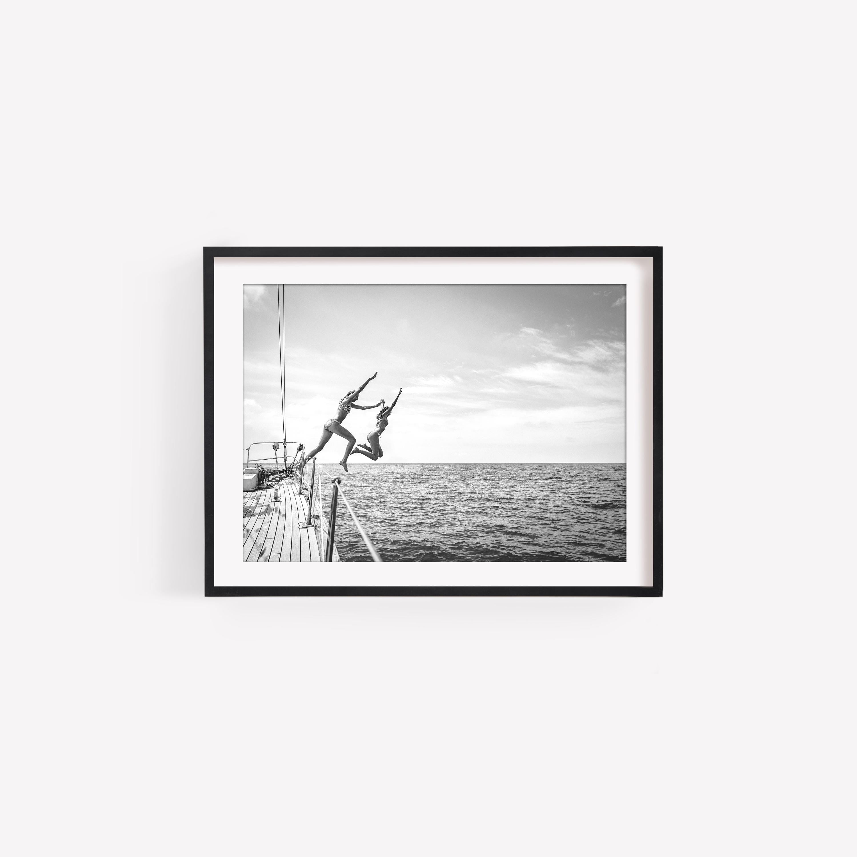 BW Coastal Print Digital Download, Pastel Beach Wall Art, Boho Coastal Photography, Summer Ocean Poster, Girls Jumping Art, Instant Download
