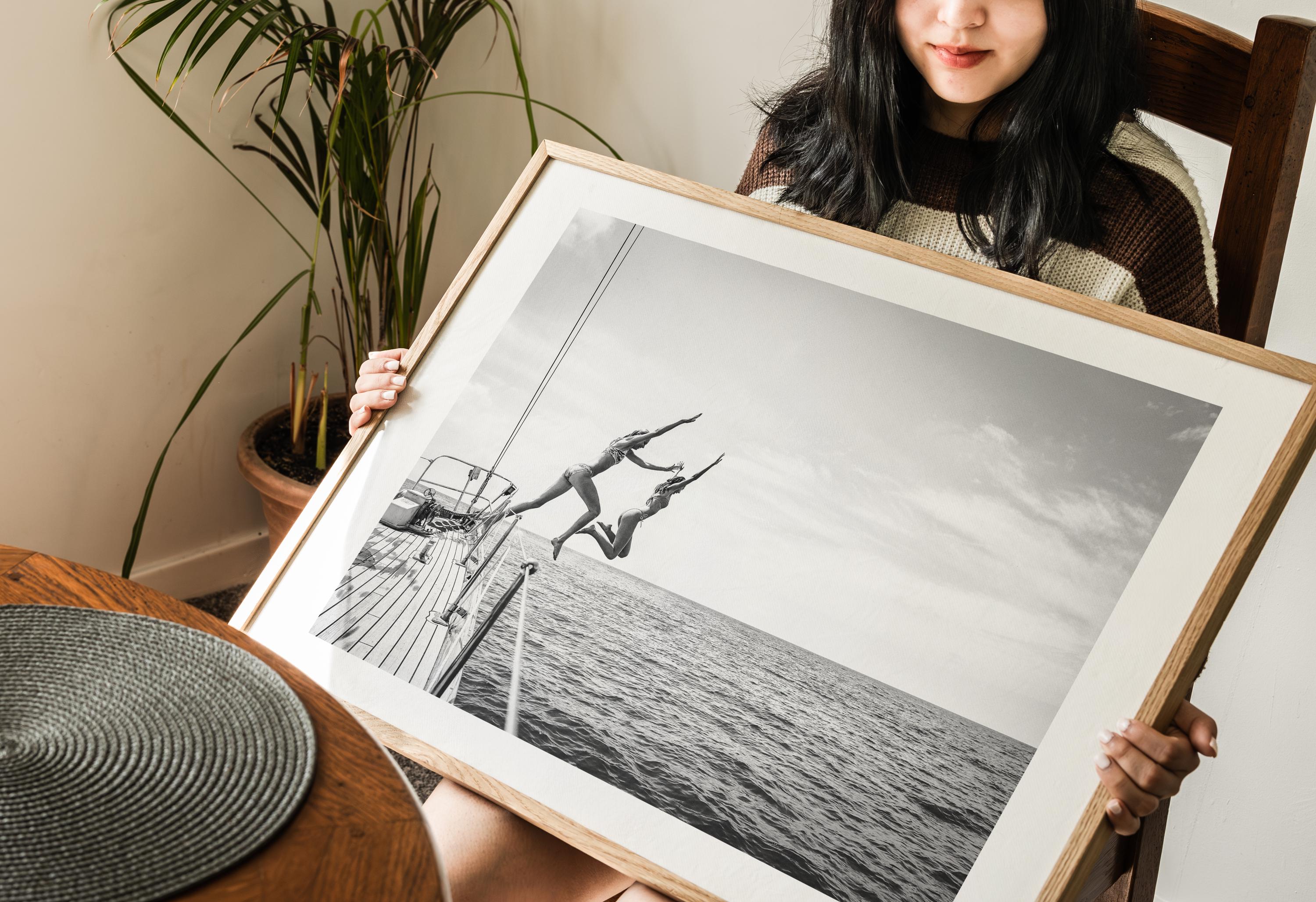 BW Coastal Print Digital Download, Pastel Beach Wall Art, Boho Coastal Photography, Summer Ocean Poster, Girls Jumping Art, Instant Download