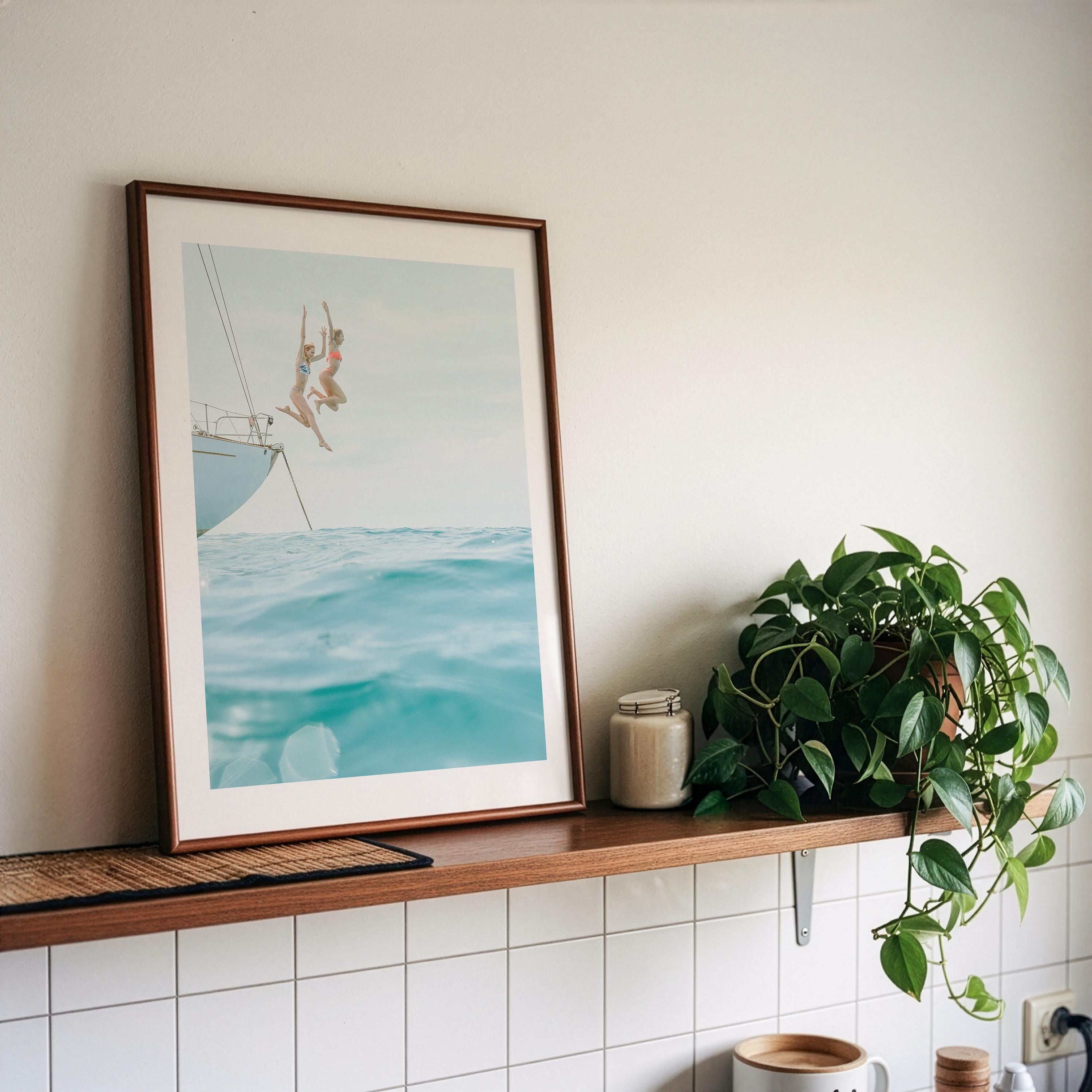 Vertical Coastal Print FRAMED or UNFRAMED, Pastel Beach Wall Art, Boho Coastal Photography, Summer Ocean Poster, Girls Jumping Art Print