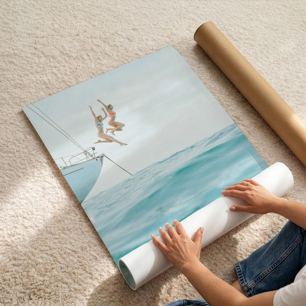 Vertical Coastal Print FRAMED or UNFRAMED, Pastel Beach Wall Art, Boho Coastal Photography, Summer Ocean Poster, Girls Jumping Art Print