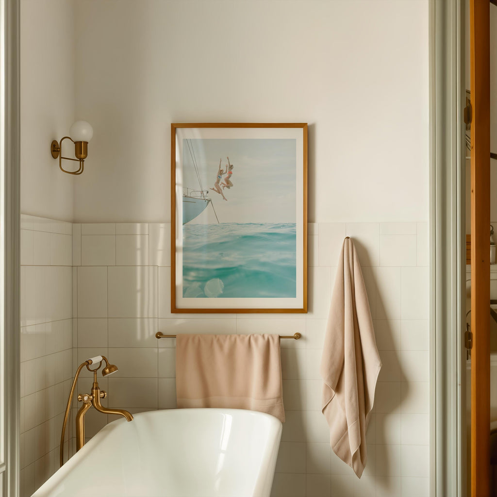 Vertical Coastal Print FRAMED or UNFRAMED, Pastel Beach Wall Art, Boho Coastal Photography, Summer Ocean Poster, Girls Jumping Art Print