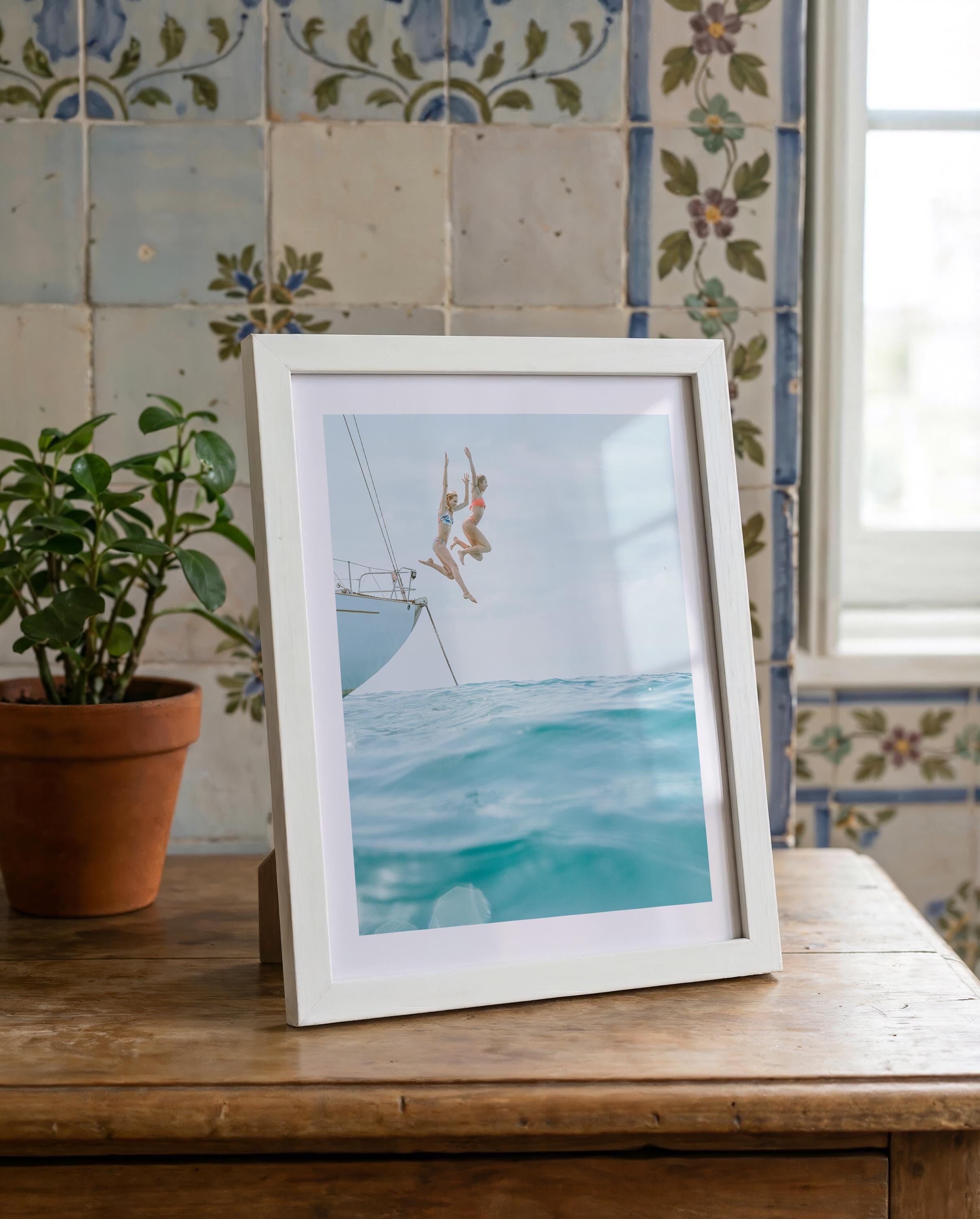 Vertical Coastal Print FRAMED or UNFRAMED, Pastel Beach Wall Art, Boho Coastal Photography, Summer Ocean Poster, Girls Jumping Art Print