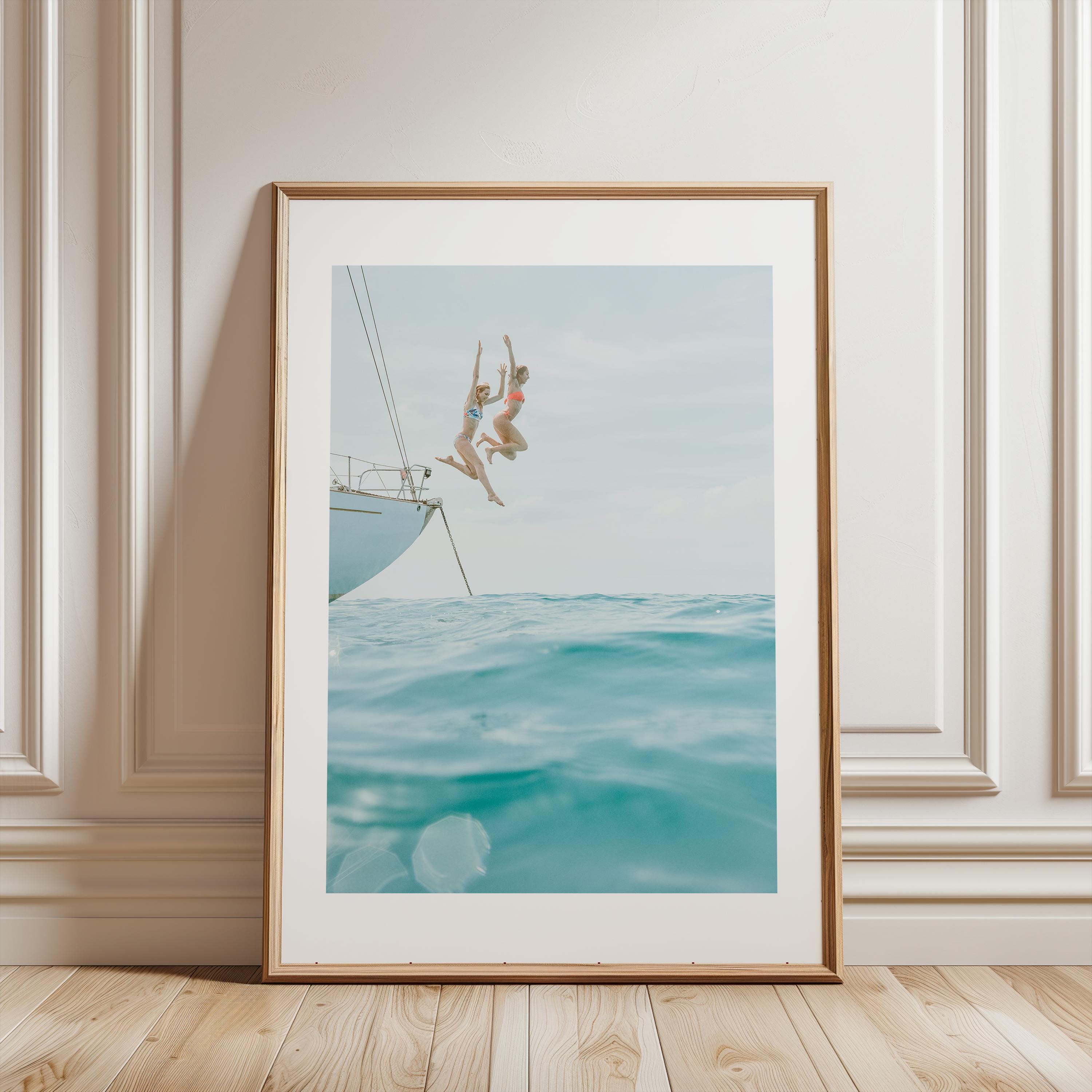 Vertical Coastal Print FRAMED or UNFRAMED, Pastel Beach Wall Art, Boho Coastal Photography, Summer Ocean Poster, Girls Jumping Art Print