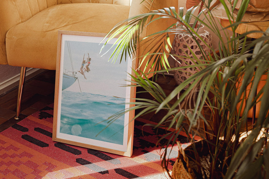 Vertical Coastal Print FRAMED or UNFRAMED, Pastel Beach Wall Art, Boho Coastal Photography, Summer Ocean Poster, Girls Jumping Art Print