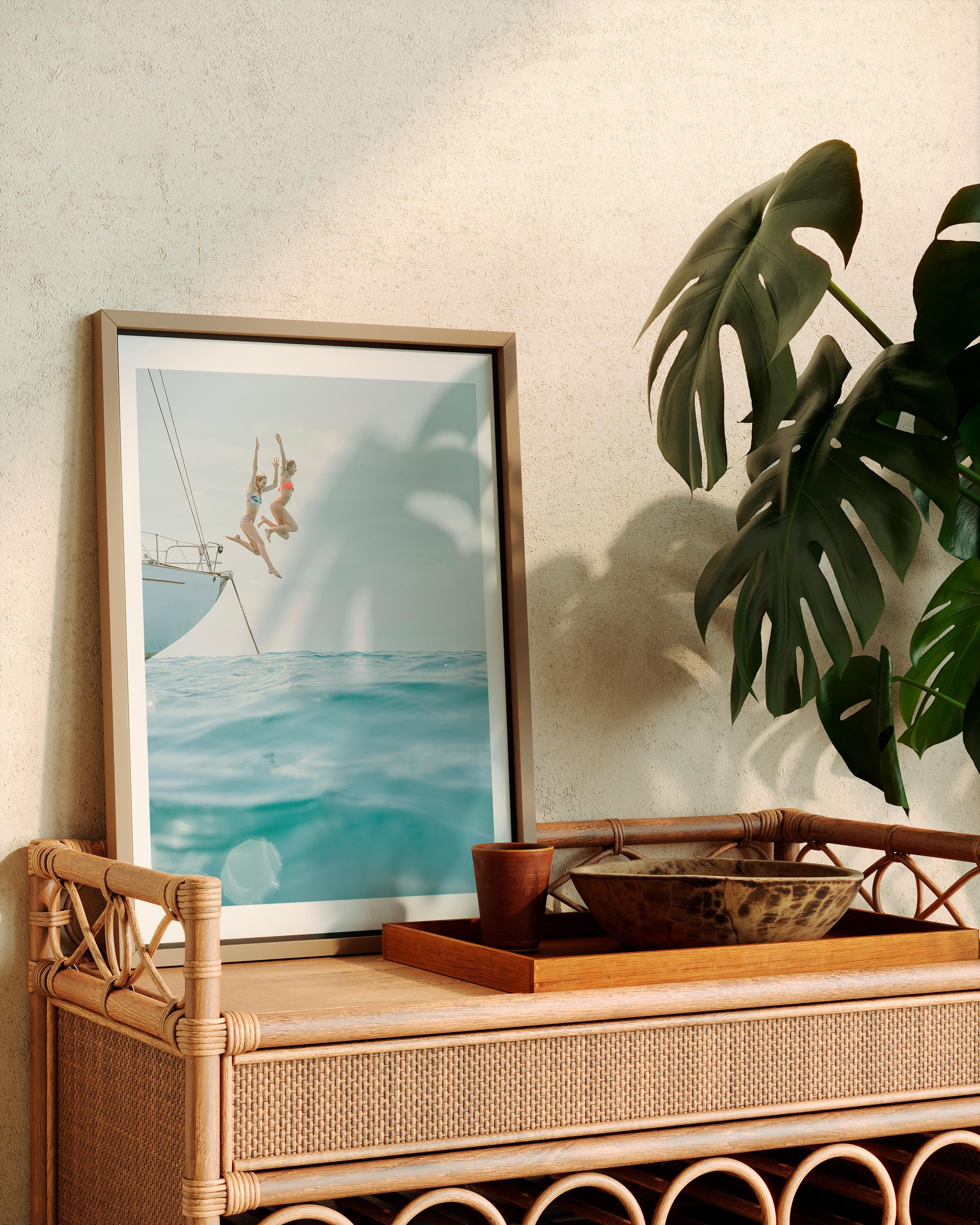 Vertical Coastal Print FRAMED or UNFRAMED, Pastel Beach Wall Art, Boho Coastal Photography, Summer Ocean Poster, Girls Jumping Art Print