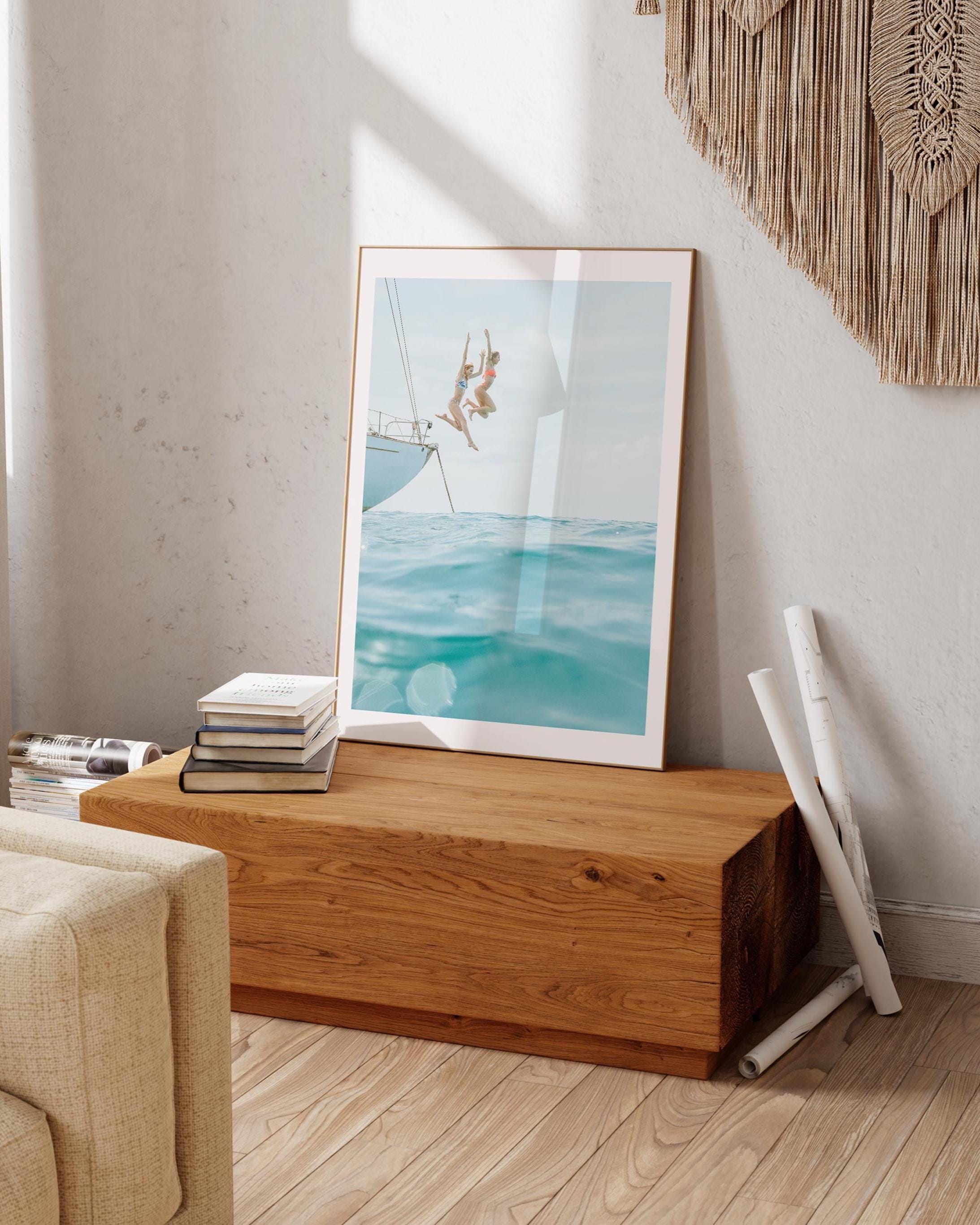 Vertical Coastal Print FRAMED or UNFRAMED, Pastel Beach Wall Art, Boho Coastal Photography, Summer Ocean Poster, Girls Jumping Art Print