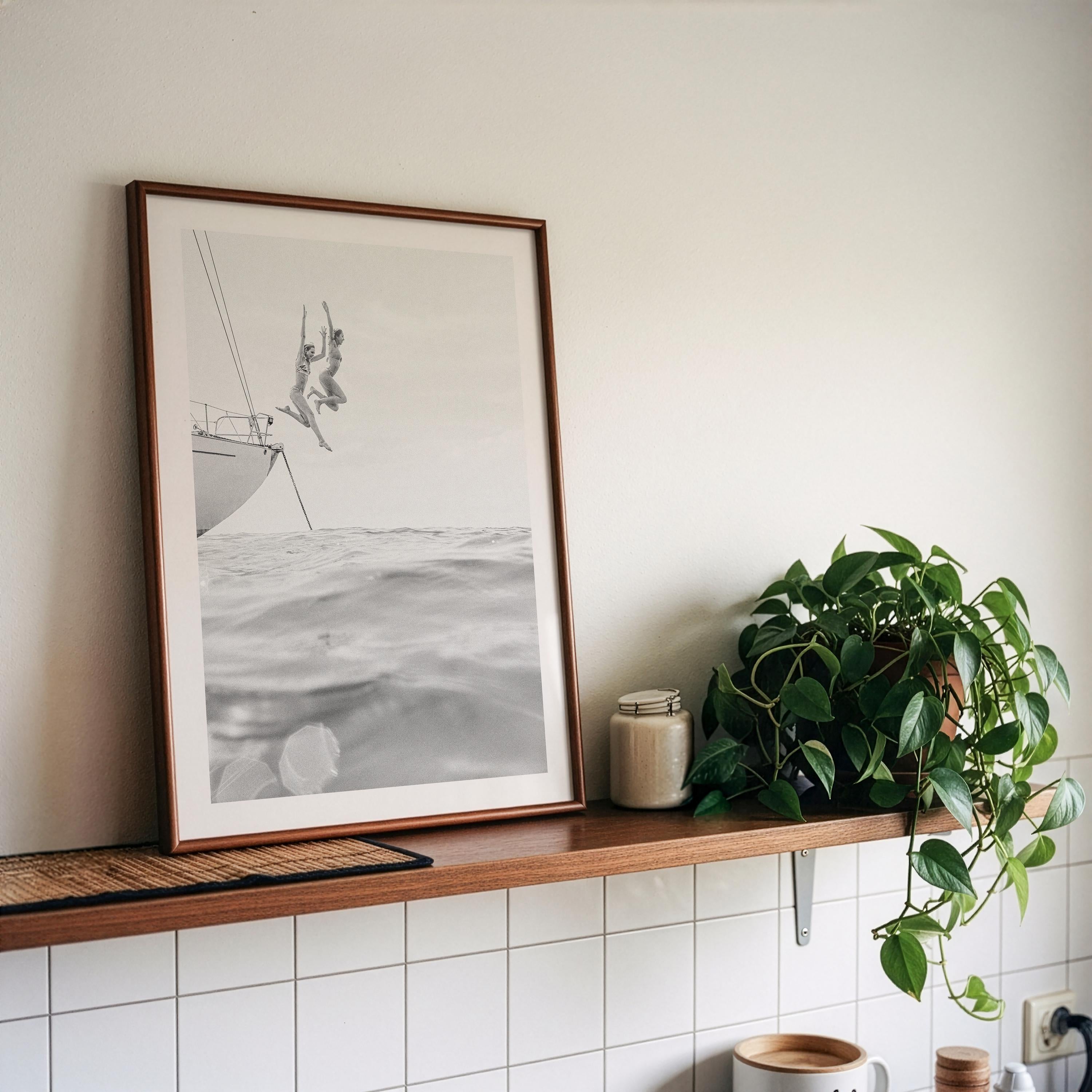 BW Vertical Coastal Print FRAMED or UNFRAMED, Pastel Beach Wall Art, Boho Coastal Photography, Summer Ocean Poster, Girls Jumping Art Print