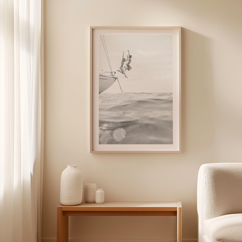 BW Vertical Coastal Print FRAMED or UNFRAMED, Pastel Beach Wall Art, Boho Coastal Photography, Summer Ocean Poster, Girls Jumping Art Print