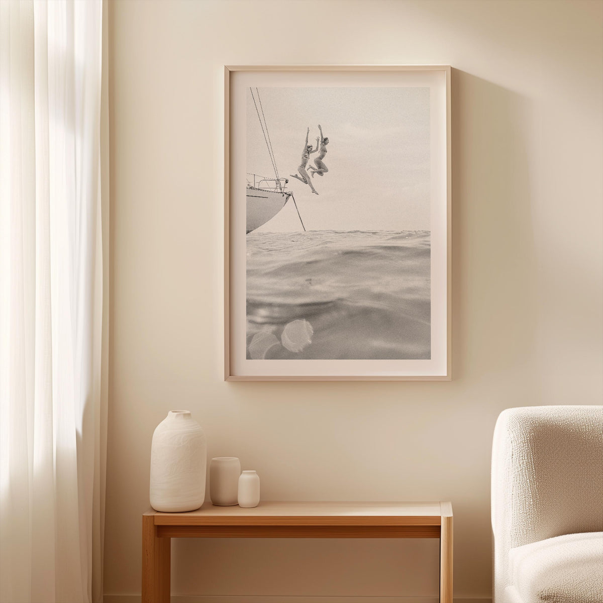 BW Vertical Coastal Print FRAMED or UNFRAMED, Pastel Beach Wall Art, Boho Coastal Photography, Summer Ocean Poster, Girls Jumping Art Print