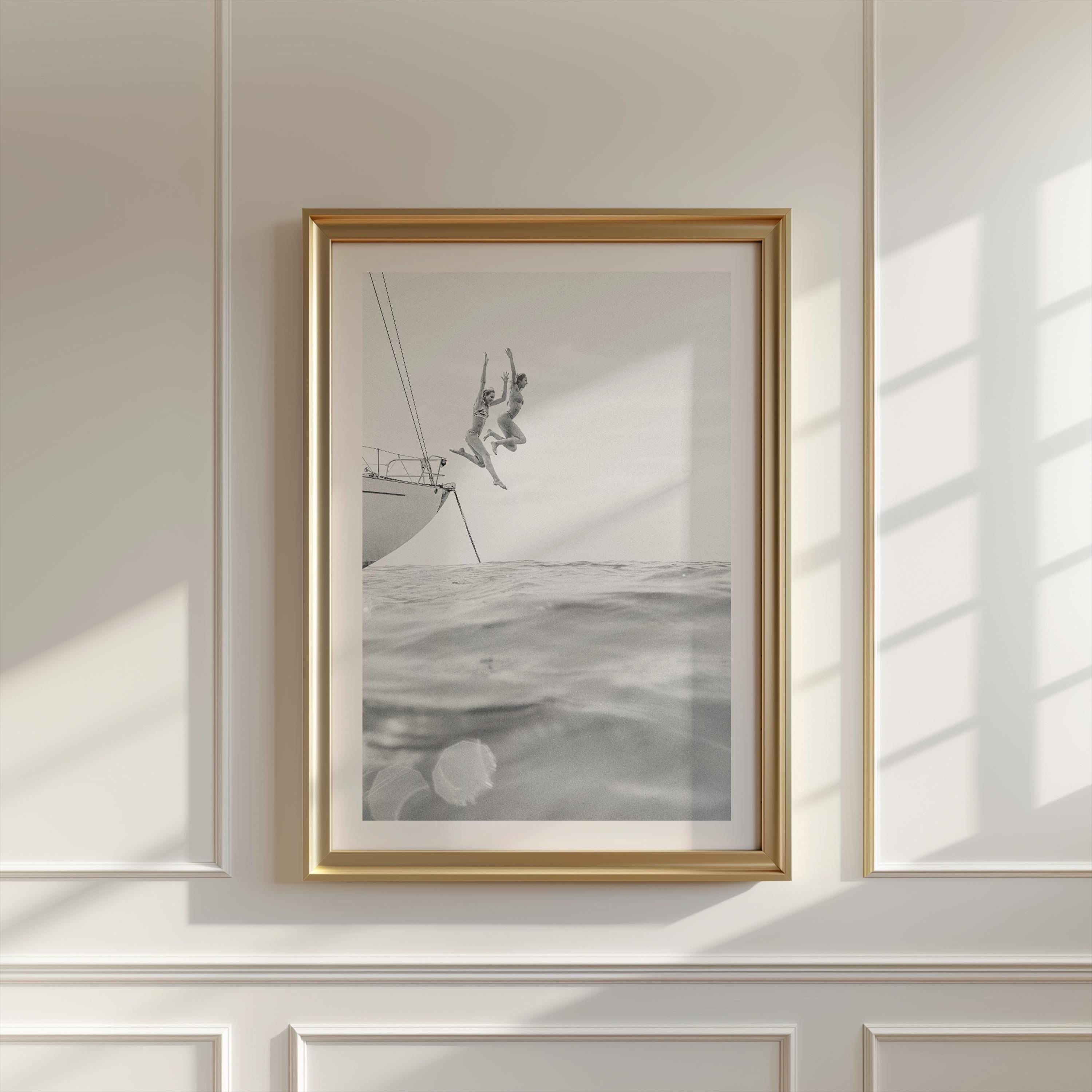 BW Vertical Coastal Print FRAMED or UNFRAMED, Pastel Beach Wall Art, Boho Coastal Photography, Summer Ocean Poster, Girls Jumping Art Print