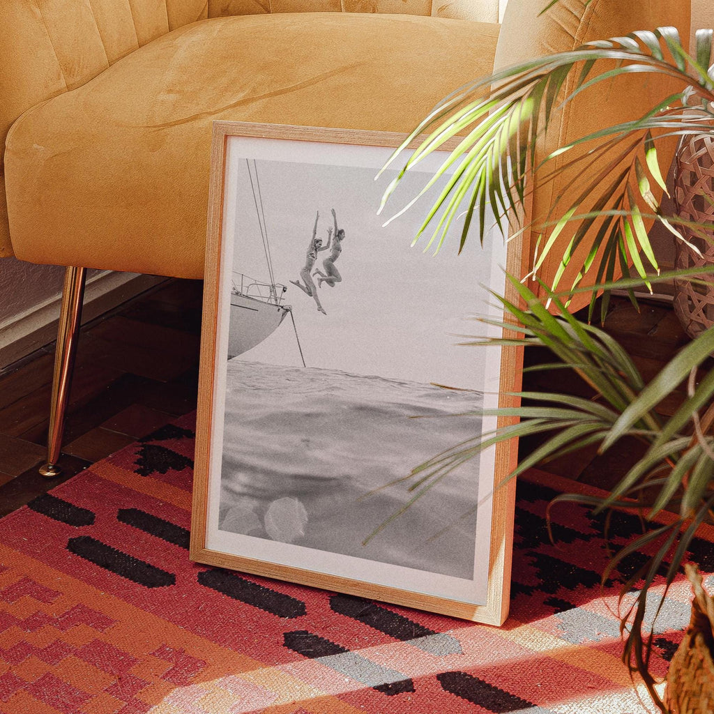 Vertical Coastal Print DIGITAL DOWNLOAD, B&W Beach Wall Art, Boho Coastal Photography, Summer Ocean Poster, Girls Jumping Art Print