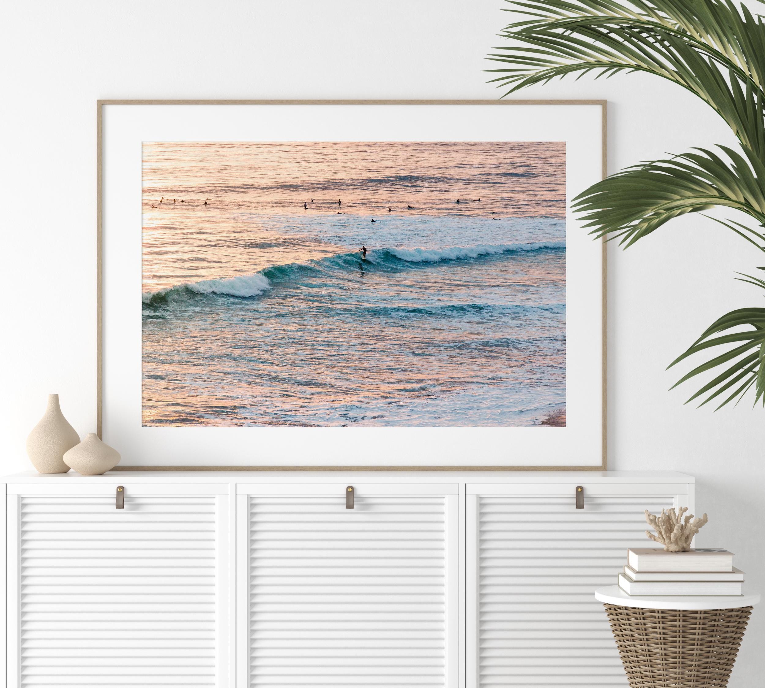 Vintage Minimalist Sunset Surfers DIGITAL DOWNLOAD, Pastel Beach Framed Wall Art, Fine Art Ocean Surf Poster, Coastal Summer Aesthetic