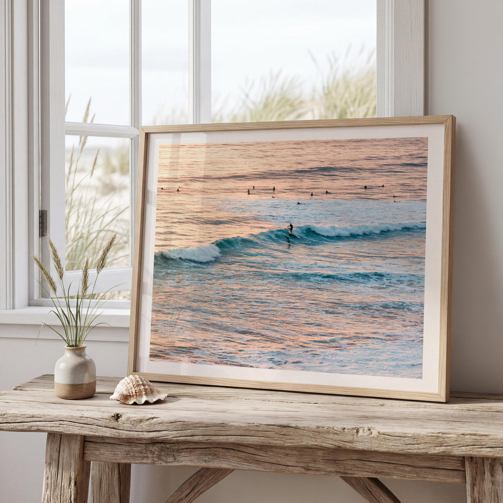 Vintage Minimalist Sunset Surfers DIGITAL DOWNLOAD, Pastel Beach Framed Wall Art, Fine Art Ocean Surf Poster, Coastal Summer Aesthetic