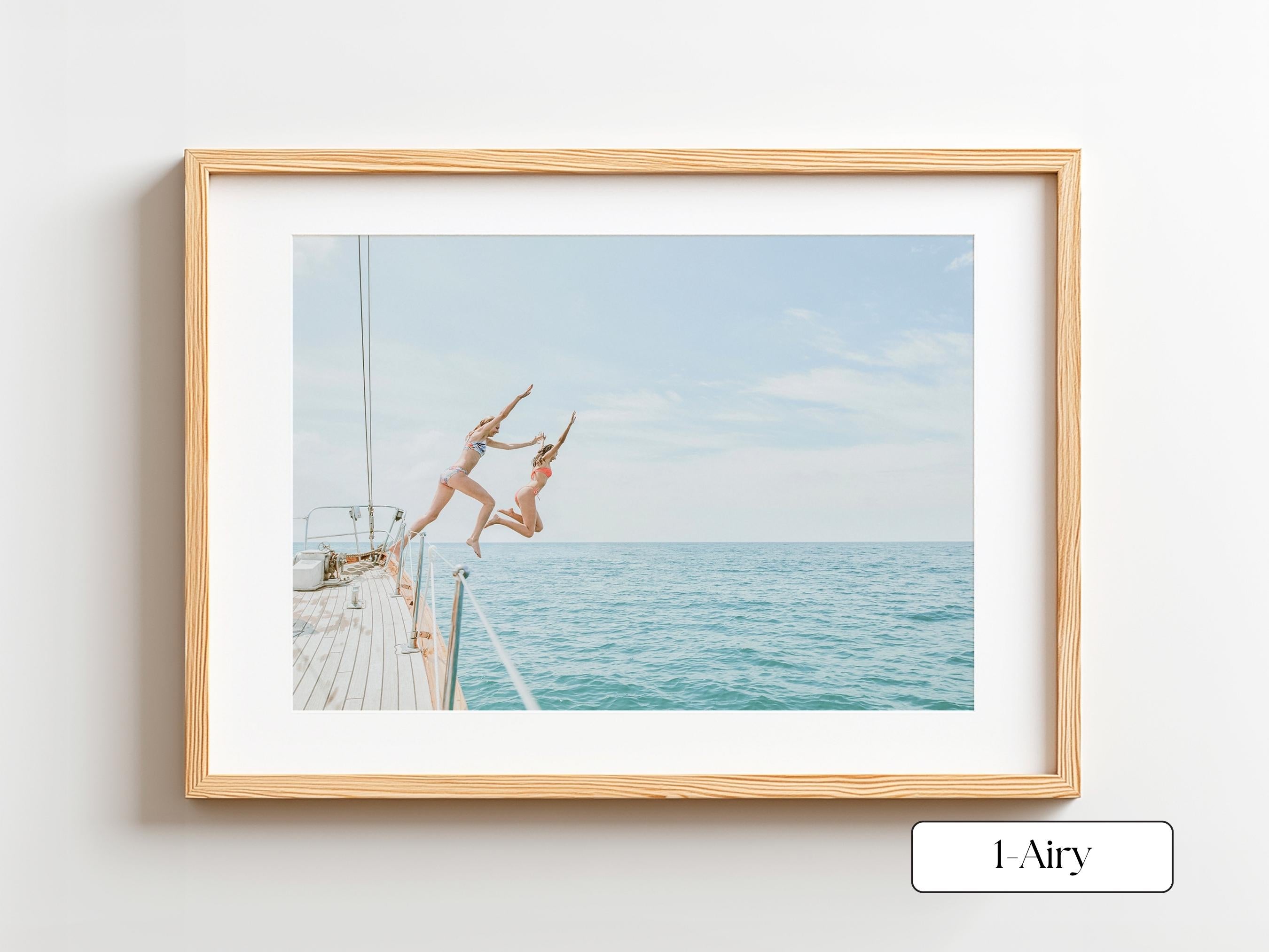 Blue Coastal Print FRAMED or UNFRAMED, Light Pastel Beach Wall Art, Boho Coastal Photography, Summer Ocean Poster, Girls Jumping Art Print