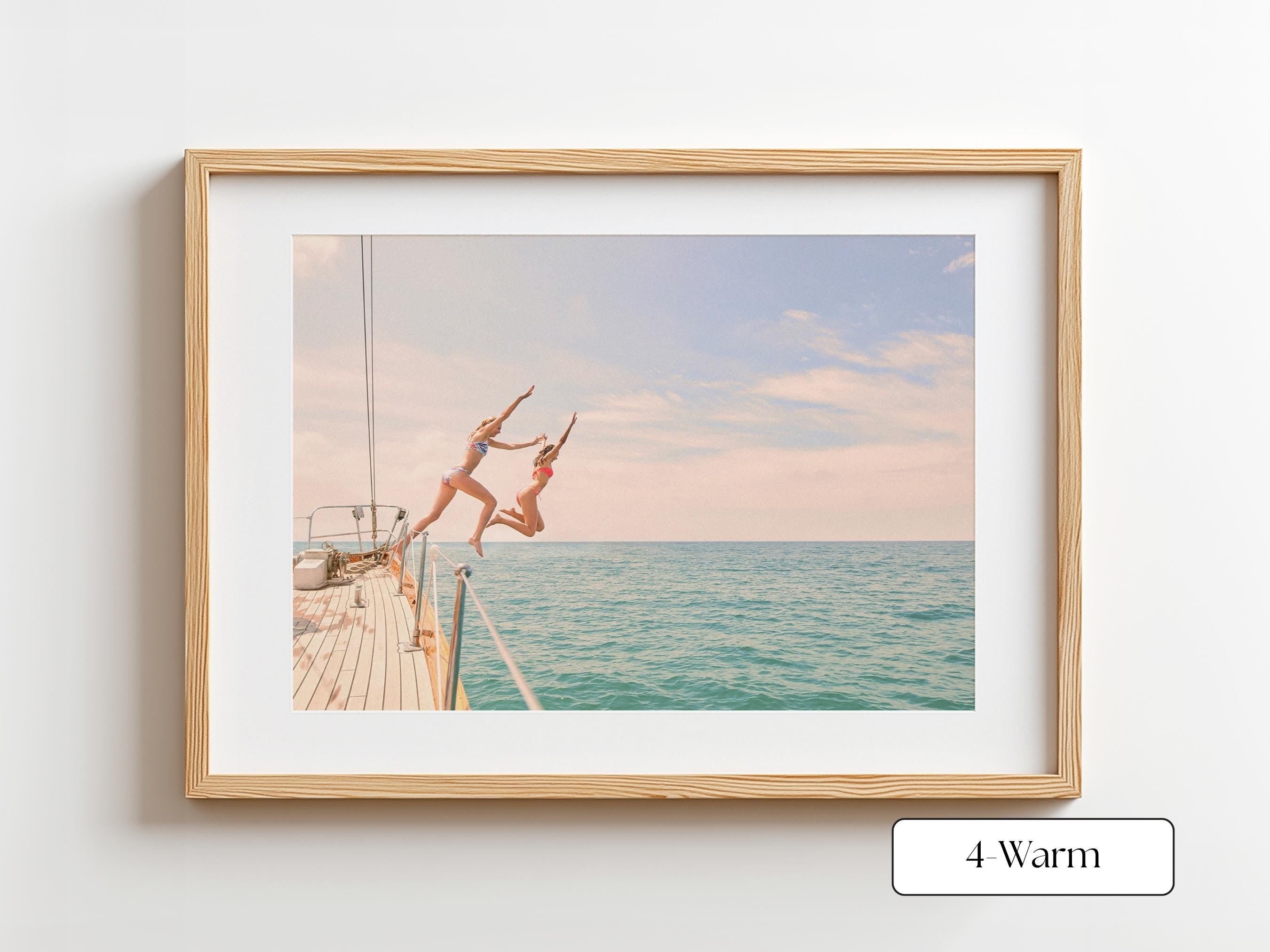 Black and White Coastal Print FRAMED or UNFRAMED, B&W Beach Wall Art, Boho Coastal Photography, Summer Ocean Poster, Girls Jumping Print
