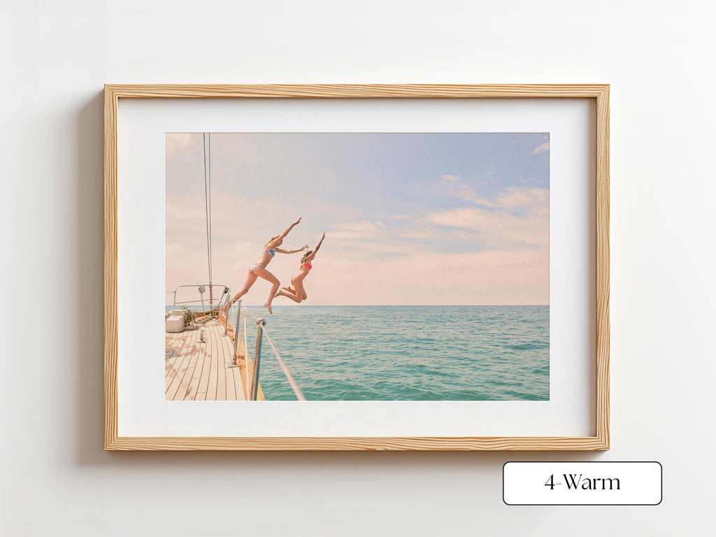 Blue Coastal Print FRAMED or UNFRAMED, Light Pastel Beach Wall Art, Boho Coastal Photography, Summer Ocean Poster, Girls Jumping Art Print