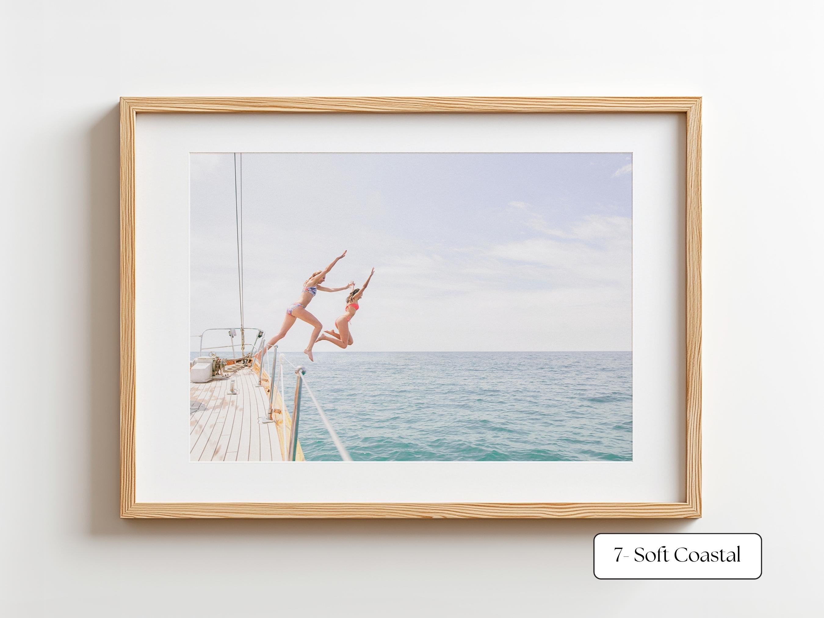 Blue Coastal Print FRAMED or UNFRAMED, Pastel Beach Wall Art, Boho Coastal Photography, Summer Ocean Poster, Girls Jumping Art Print