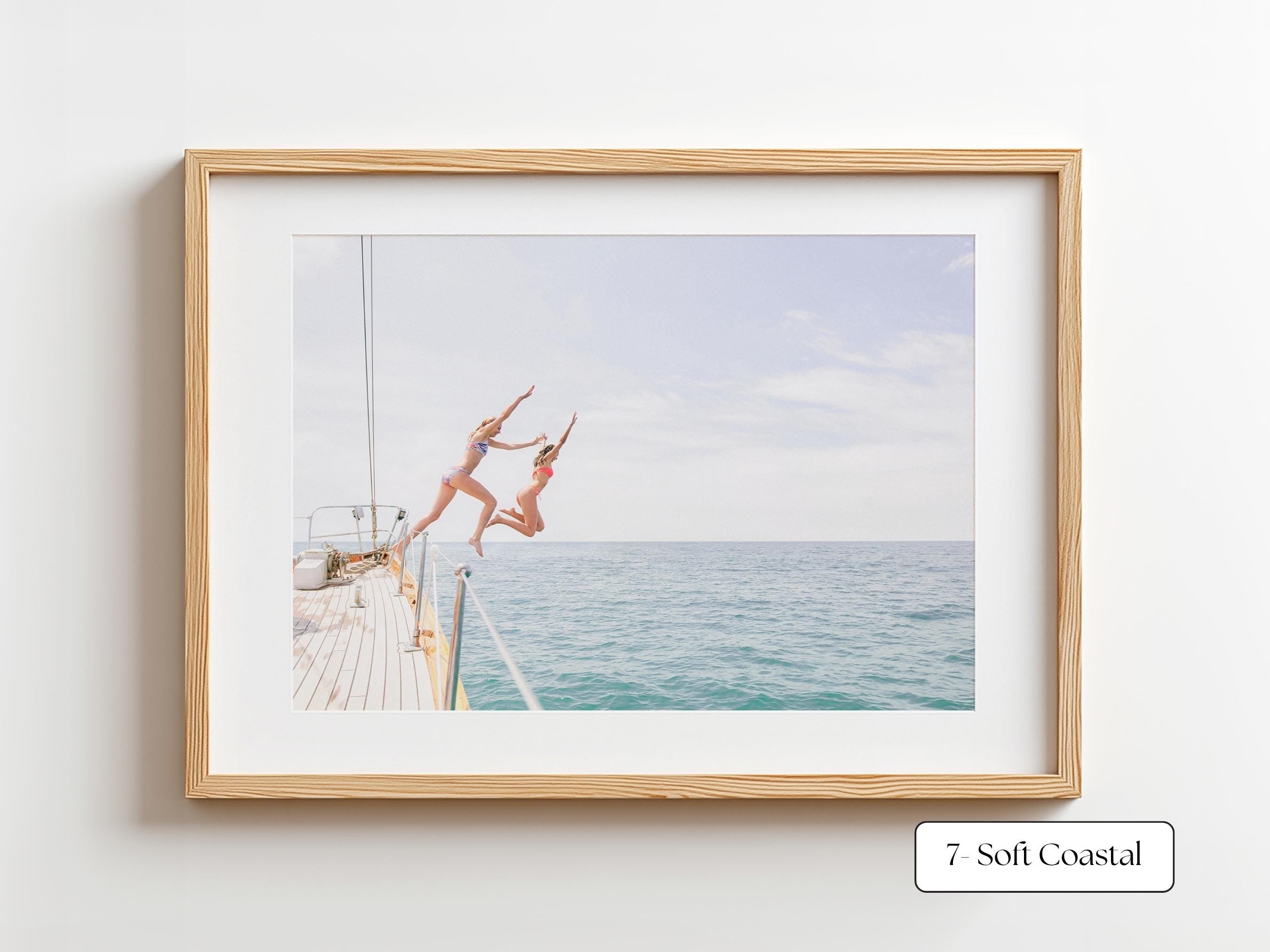 Black and White Coastal Print FRAMED or UNFRAMED, B&W Beach Wall Art, Boho Coastal Photography, Summer Ocean Poster, Girls Jumping Print