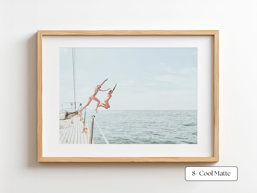 Black and White Coastal Print FRAMED or UNFRAMED, B&W Beach Wall Art, Boho Coastal Photography, Summer Ocean Poster, Girls Jumping Print