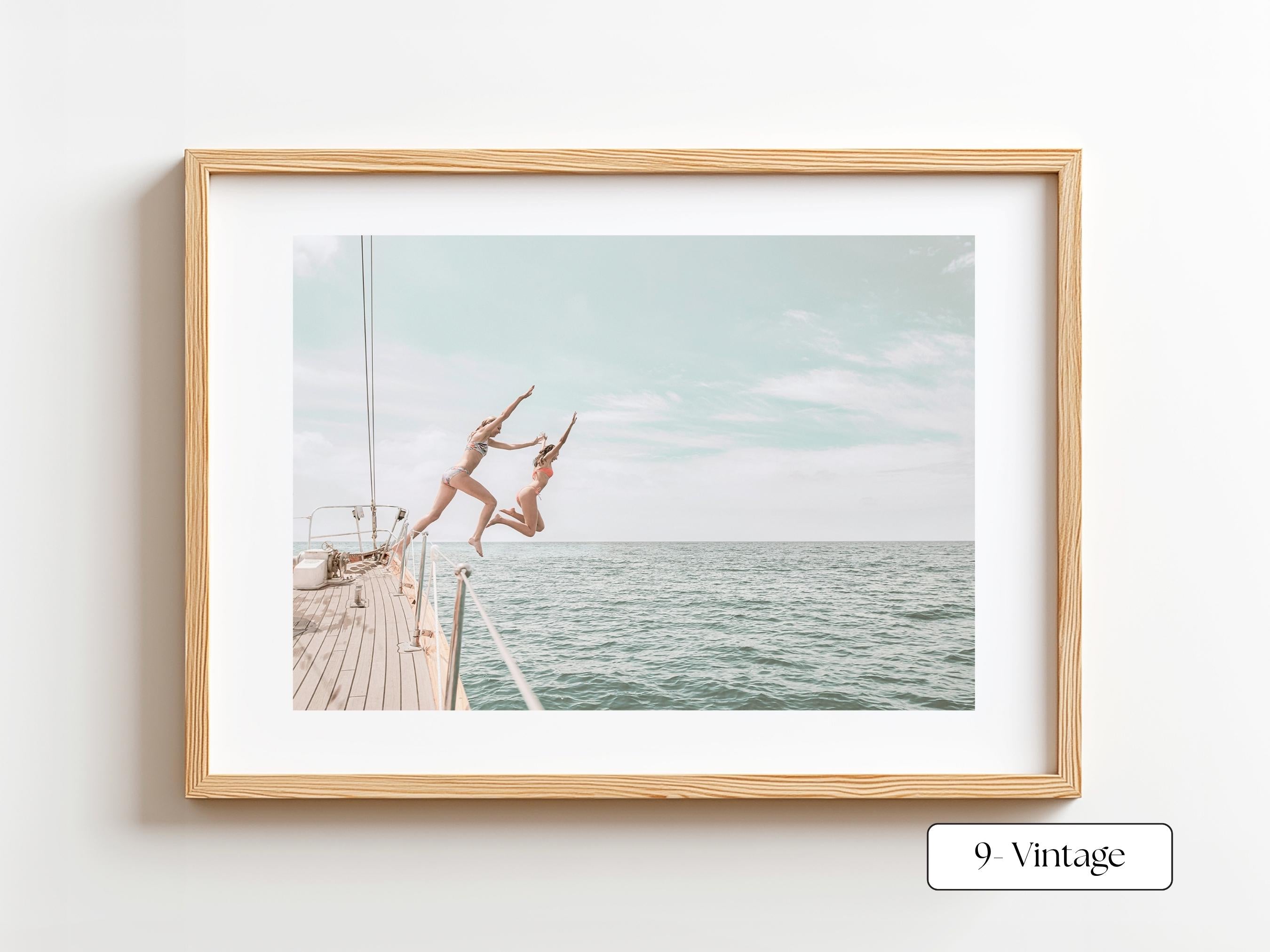 Black and White Coastal Print FRAMED or UNFRAMED, B&W Beach Wall Art, Boho Coastal Photography, Summer Ocean Poster, Girls Jumping Print