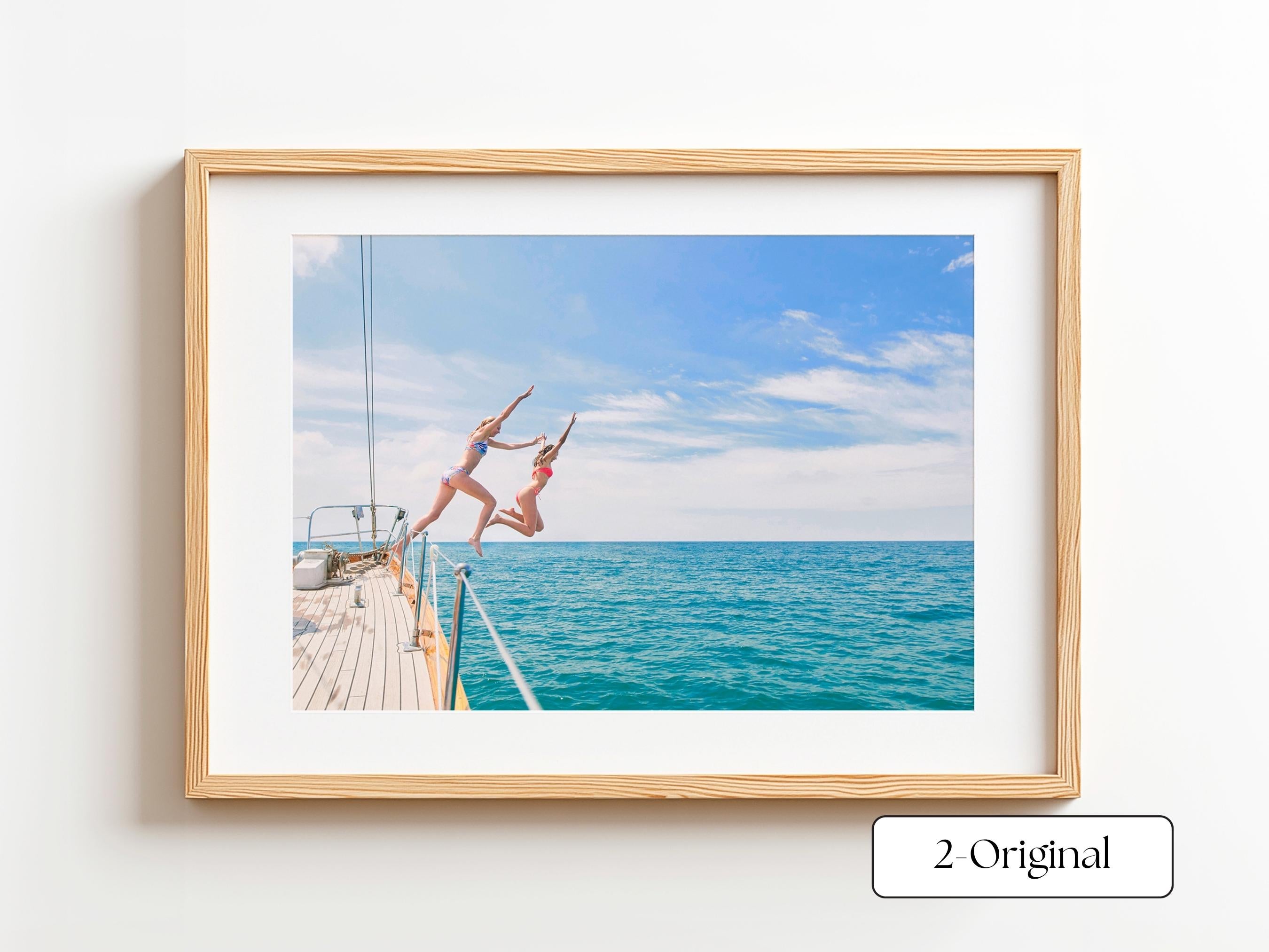 Blue Coastal Print FRAMED or UNFRAMED, Light Pastel Beach Wall Art, Boho Coastal Photography, Summer Ocean Poster, Girls Jumping Art Print
