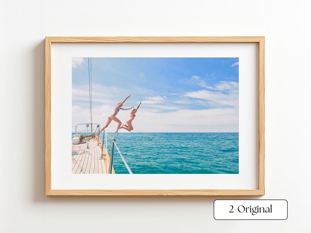 Black and White Coastal Print FRAMED or UNFRAMED, B&W Beach Wall Art, Boho Coastal Photography, Summer Ocean Poster, Girls Jumping Print