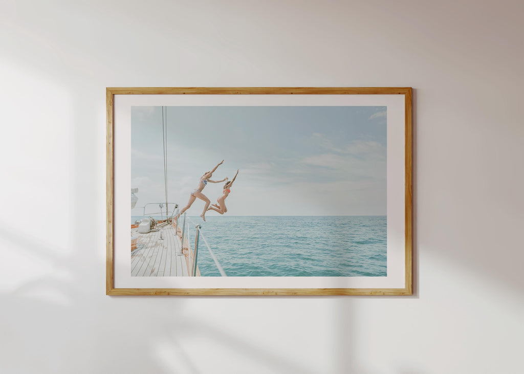 Coastal Print FRAMED or UNFRAMED, Pastel Beach Wall Art, Boho Coastal Photography, Summer Ocean Poster, Girls Jumping Art Print