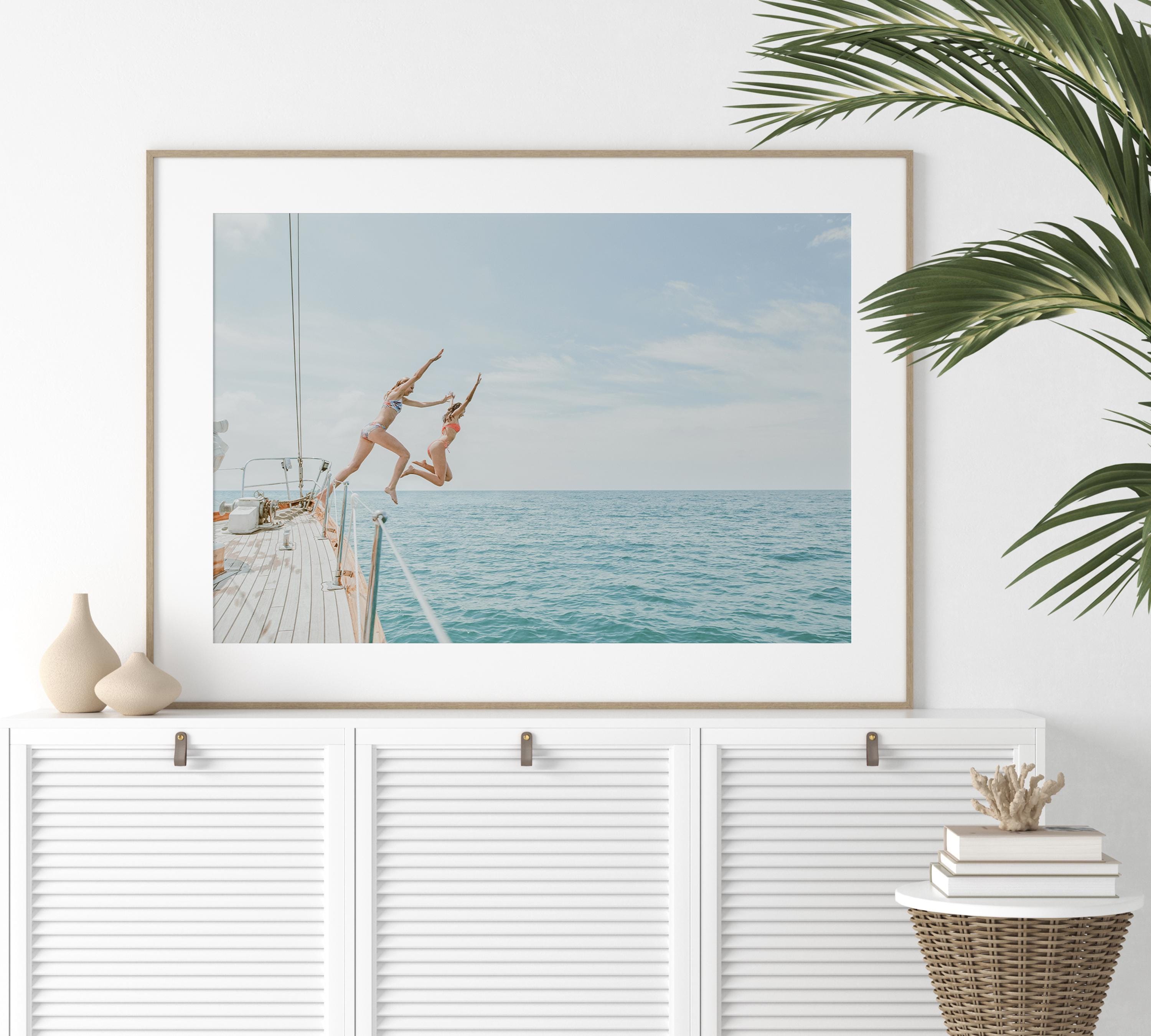 Coastal Print FRAMED or UNFRAMED, Pastel Beach Wall Art, Boho Coastal Photography, Summer Ocean Poster, Girls Jumping Art Print