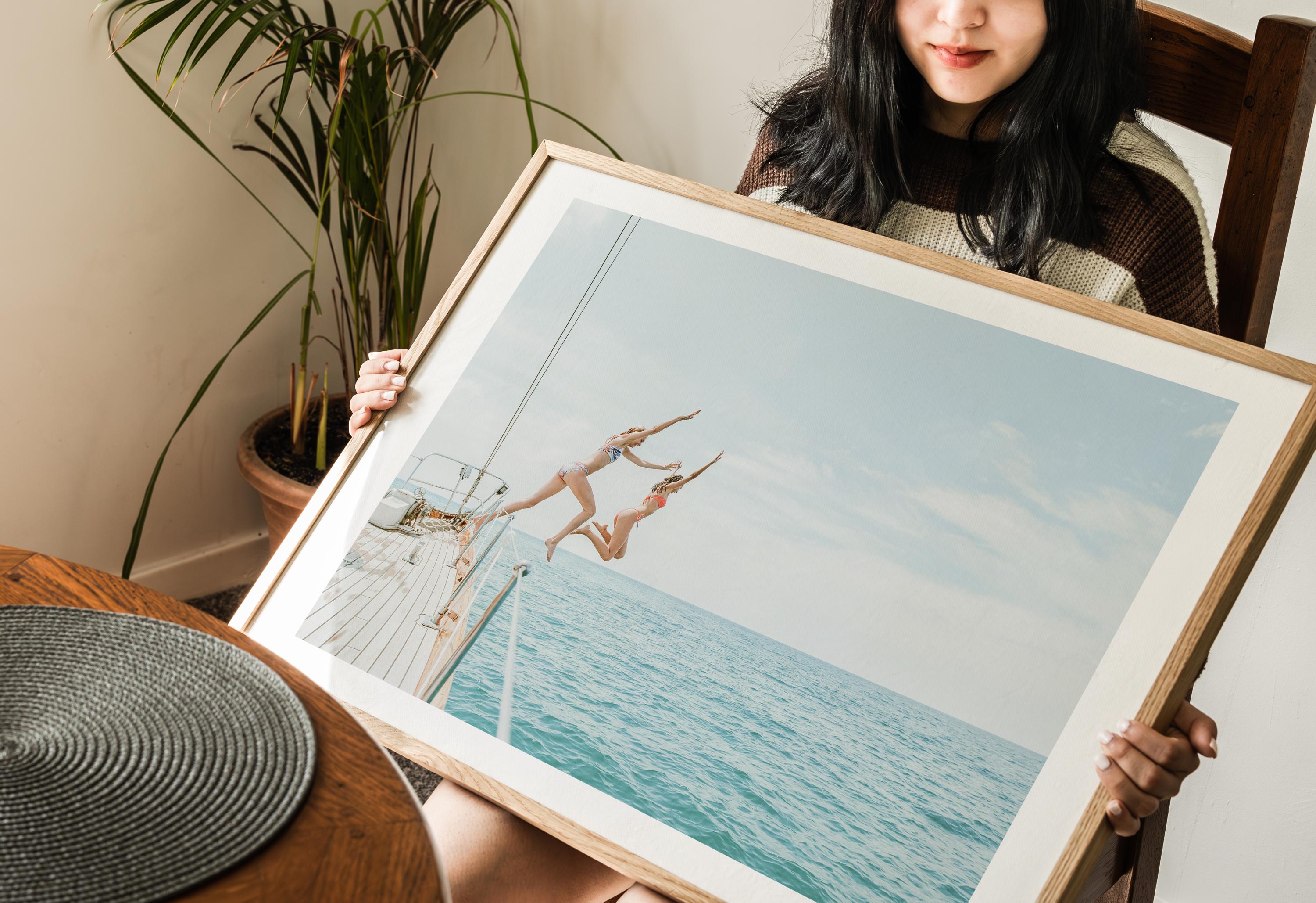 Coastal Print FRAMED or UNFRAMED, Pastel Beach Wall Art, Boho Coastal Photography, Summer Ocean Poster, Girls Jumping Art Print