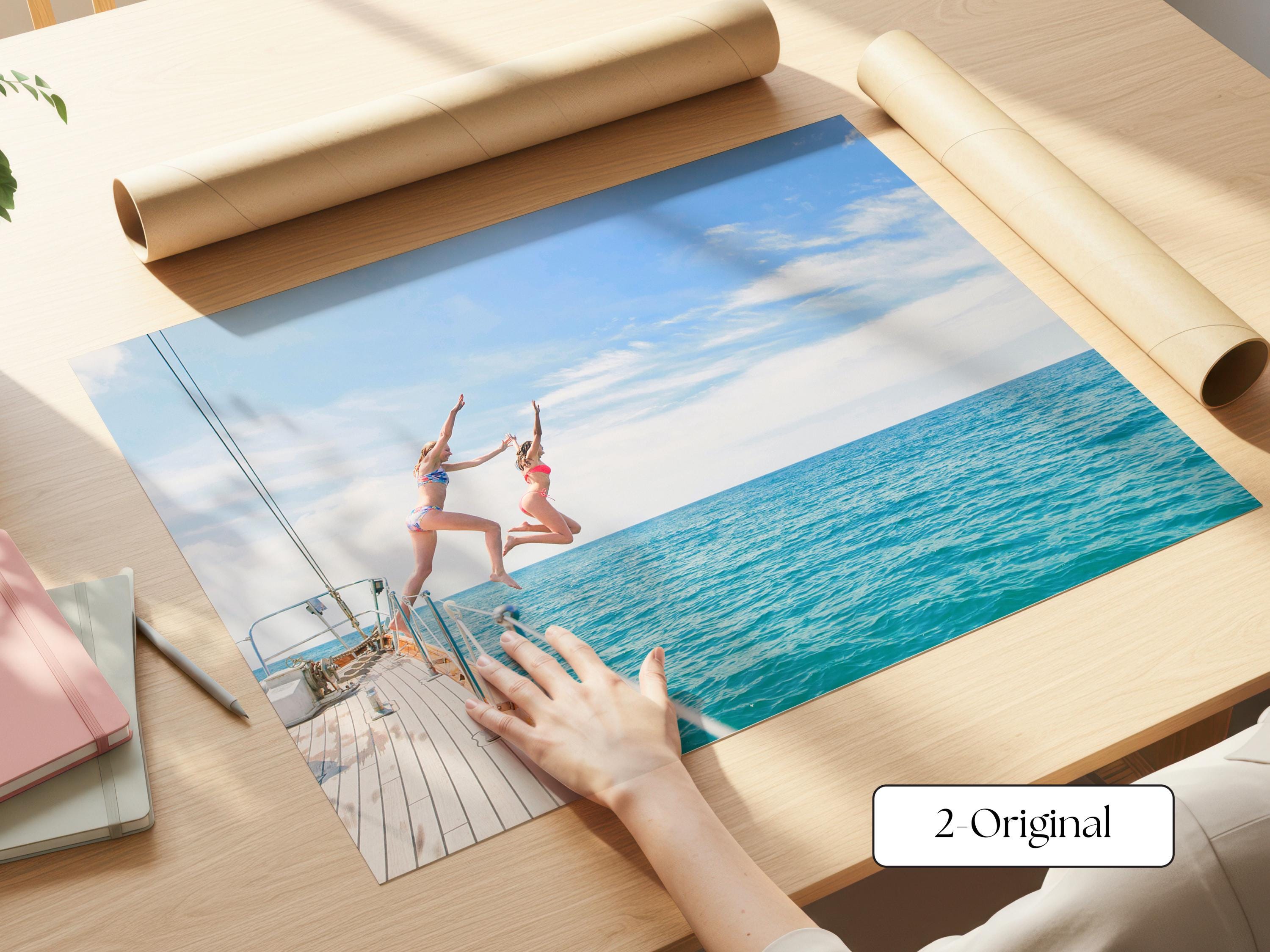 Coastal Print FRAMED or UNFRAMED, Vibrant Beach Wall Art, Boho Coastal Photography, Summer Ocean Poster, Girls Jumping Art Print